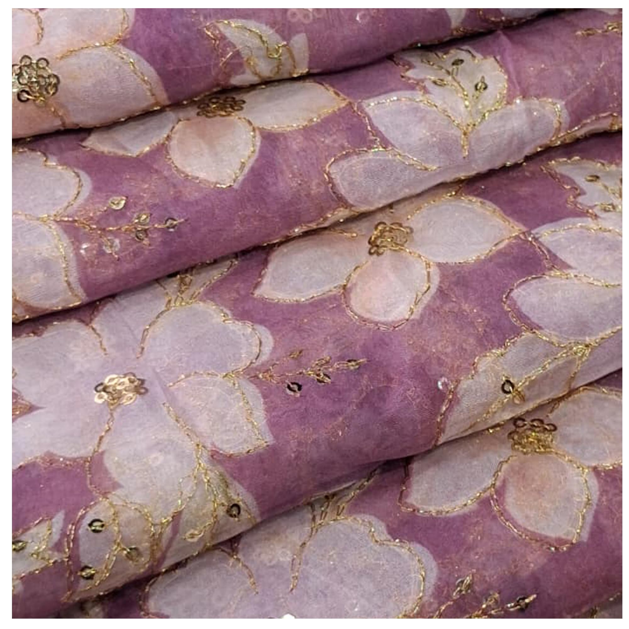 Organza Embroidered Fabric – Floral Sequins Work | Dress & Saree Material Light Purple (2.5 mtr)-image-49