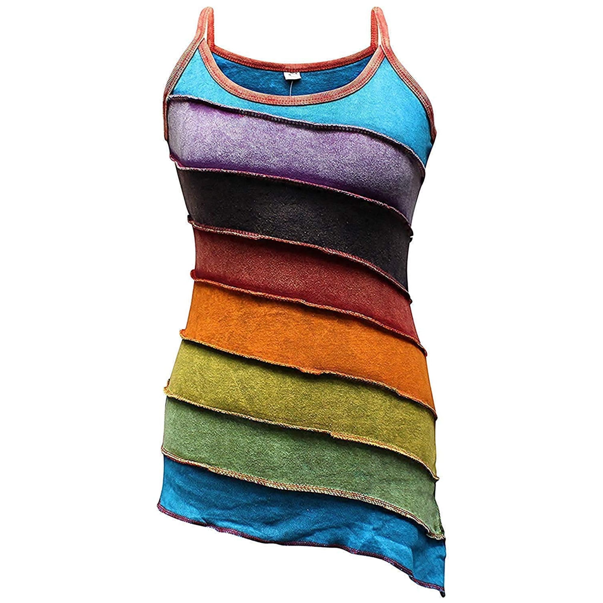 SHOPOHOLIC FASHION Women Stonewashed Rainbow Striped Hippie Boho Summer Tank Tops, 3XL
