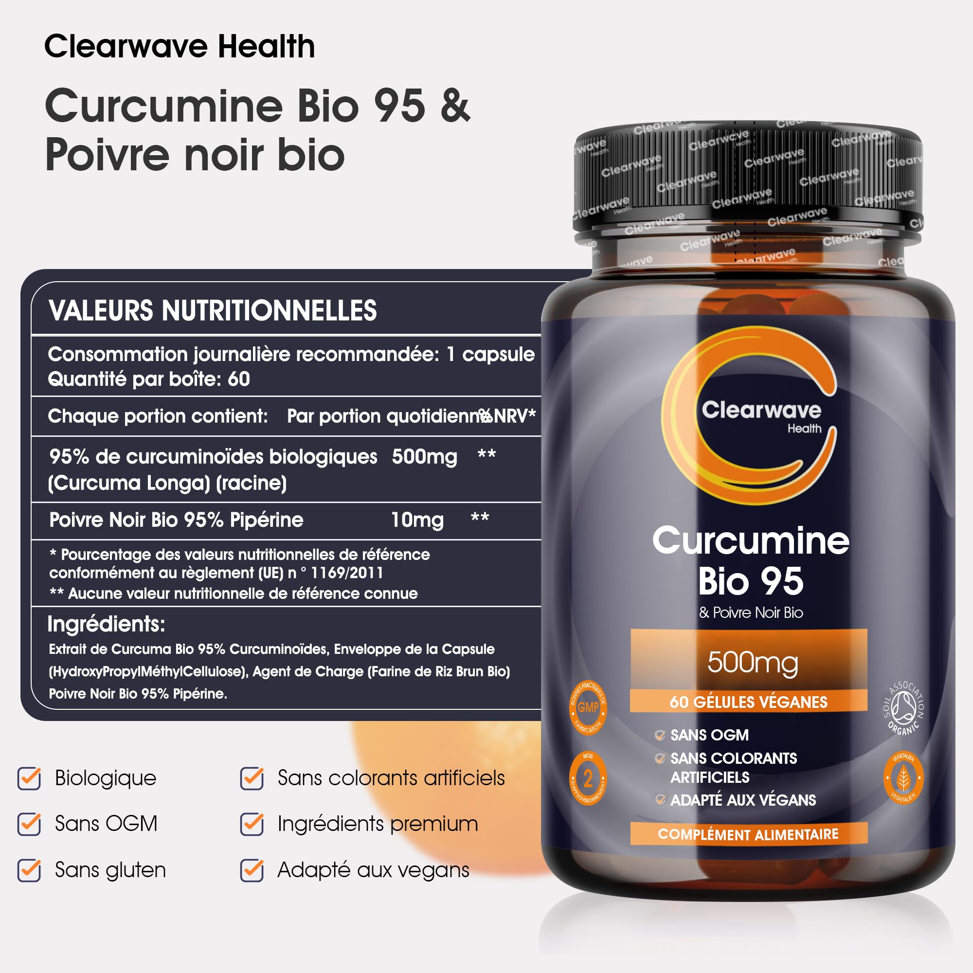 Curcumine Bio 95 | Curcuma Bio Gélule Haute Dose 500mg | 95% Curcuminoïdes & 10mg Poivre Noir Bio | 60 Gélules Véganes | Par Clearwave Health