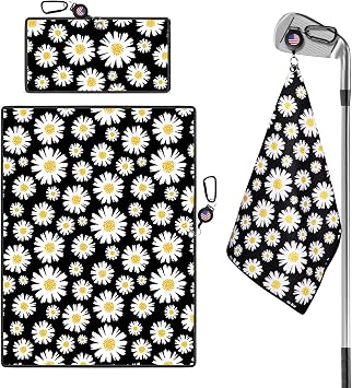 Golf Towels for Golf Bags Value 2 Pack 21"x16" and 12"x8" Set with Strong Magnetic Retractable Carabiner Microfiber Waffle Pattern Towel Lightweight Absorbent Gift for Women Ladies Daisy