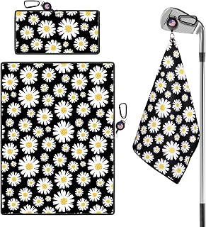 Golf Towels for Golf Bags Value 2 Pack 21"x16" and 12"x8" Set with Strong Magnetic Retractable Carabiner Microfiber Waffle Pattern Towel Lightweight Absorbent Gift for Women Ladies (Daisy)