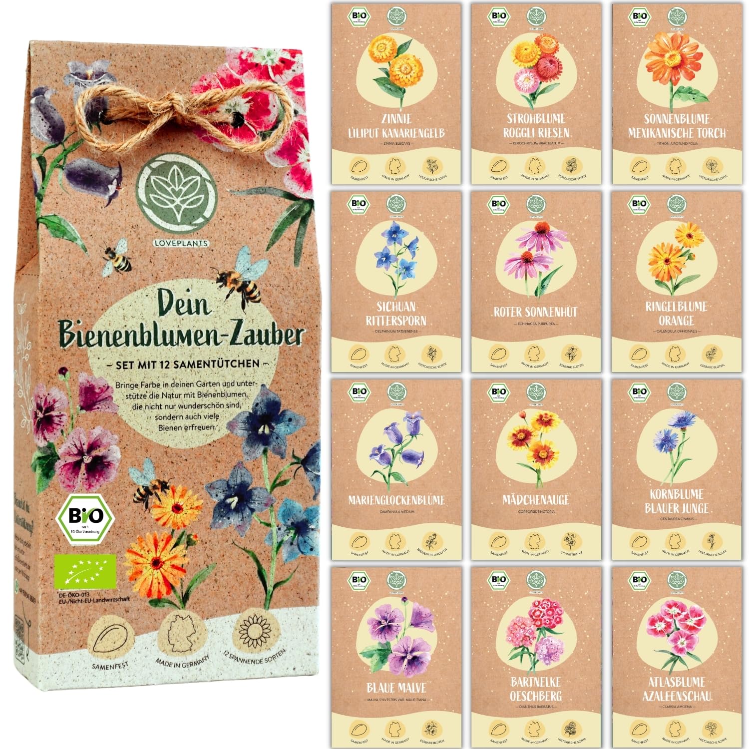Bio Bienen Blumen Samen Set – 12 Sorten samenfeste Bio Blumensamen – mit extra viel Blumen Saatgut für deine Bienen. Schönes Pflanzensamen Set mit Wildblumensamen als Gastgeschenk.