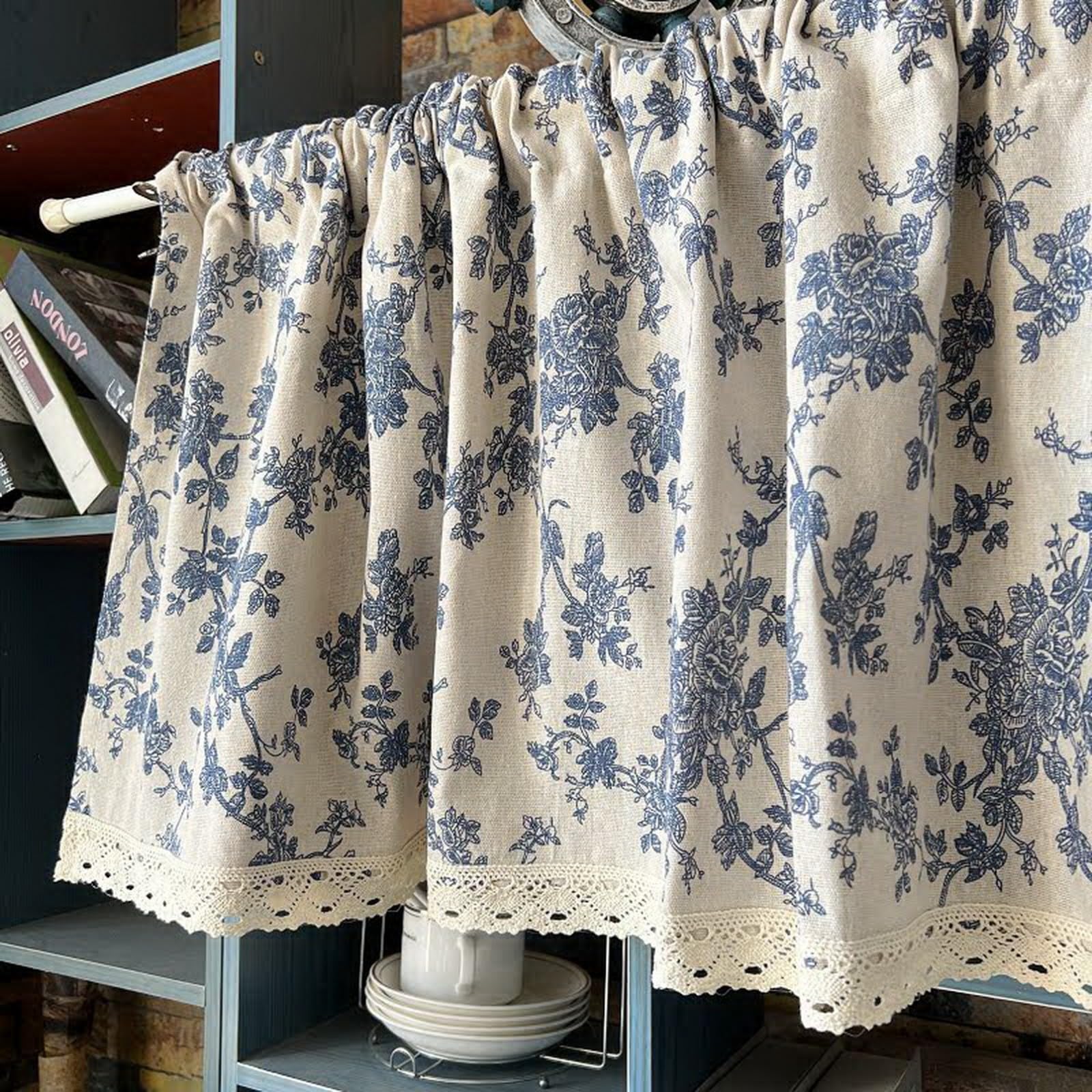 A.Monamour Gardine Scheibengardinen Kurzstores Bauernhaus Baumwolle Leinen Blau Geblümt Semi Verdunkelung Kurzvorhang Kurzgardinen Küchengardine Küche Vorhang Fenster Kurz Stores Bistrogardine
