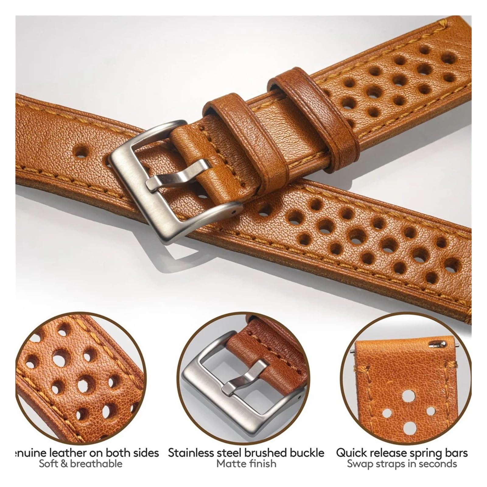 Générique Bracelet de montre en cuir véritable 20 22mm, à dégagement rapide, respirant, adapté for unisexe