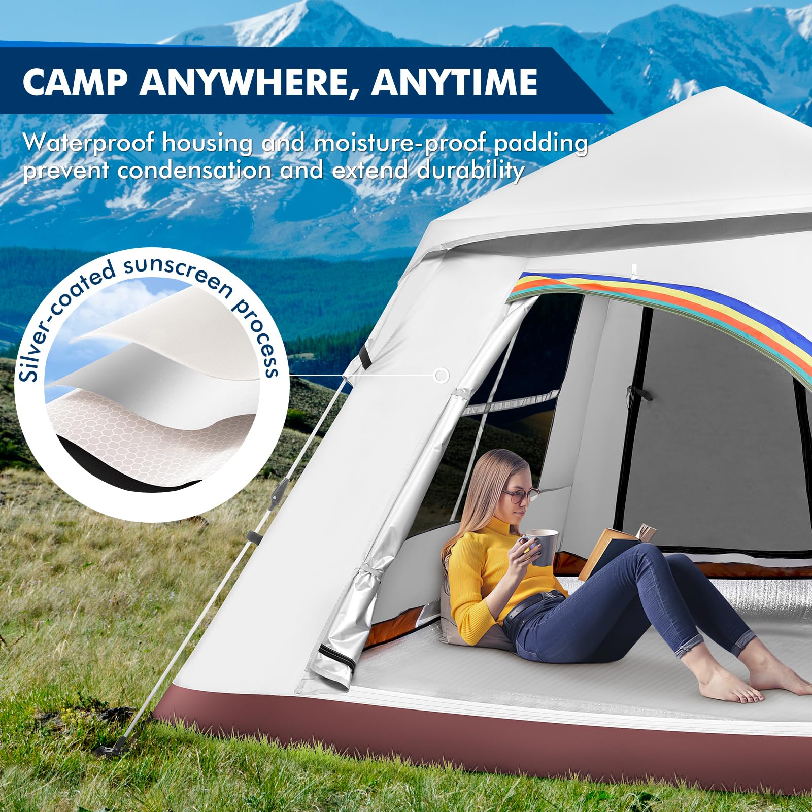 wurfzelt doppelwandig Sararoom Campingzelt | 5-6 Personen Leichtes Pop Up | 2 in 1 Große Wasserdicht Kuppelzelt Fausthandschuhe Laura aus Merinowolle fabric-silk-bamboo-viscose-blended-weave Color:Deep Water