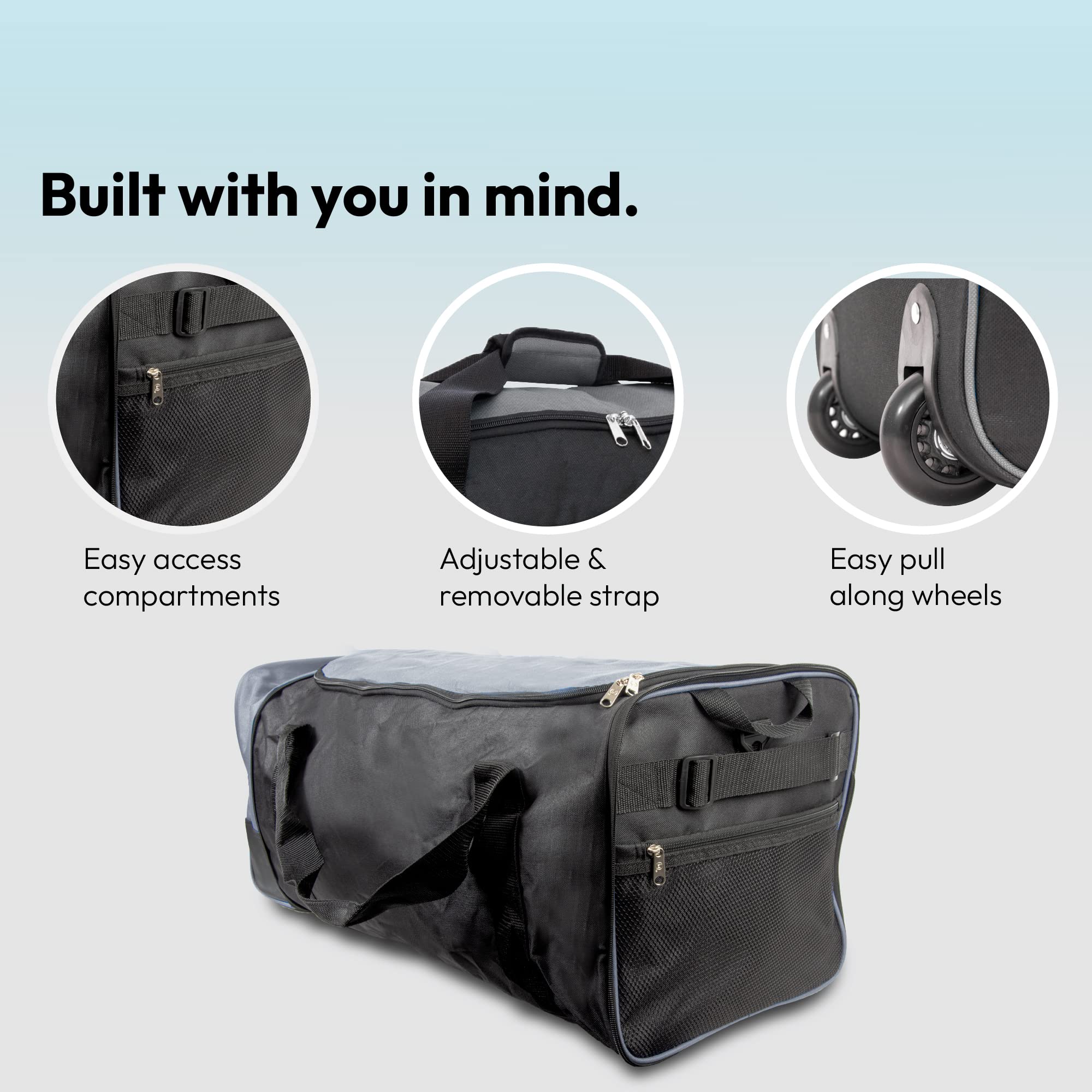 iN Borsone da viaggio pieghevole con ruote in plastica, utilizzabile come borsa leggera per bagagli, valigia o zaino. Ideale per viaggi, kit e attrezzature sportive., nero/grigio, 30 x 32 x 10 cm