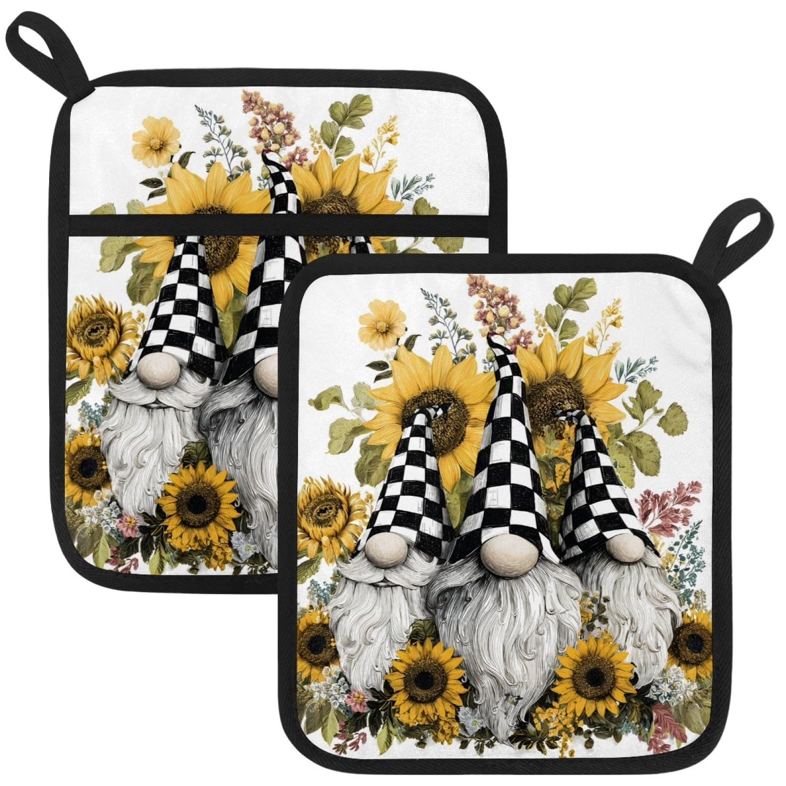 VAPOKF Gnome Sunflower Heat Resistant Pot Holders, Thick Pot Holders Pad with Hanging Loop for Kitchen, Oven Cloth Pads for Kitchen Baking Microwave Oven