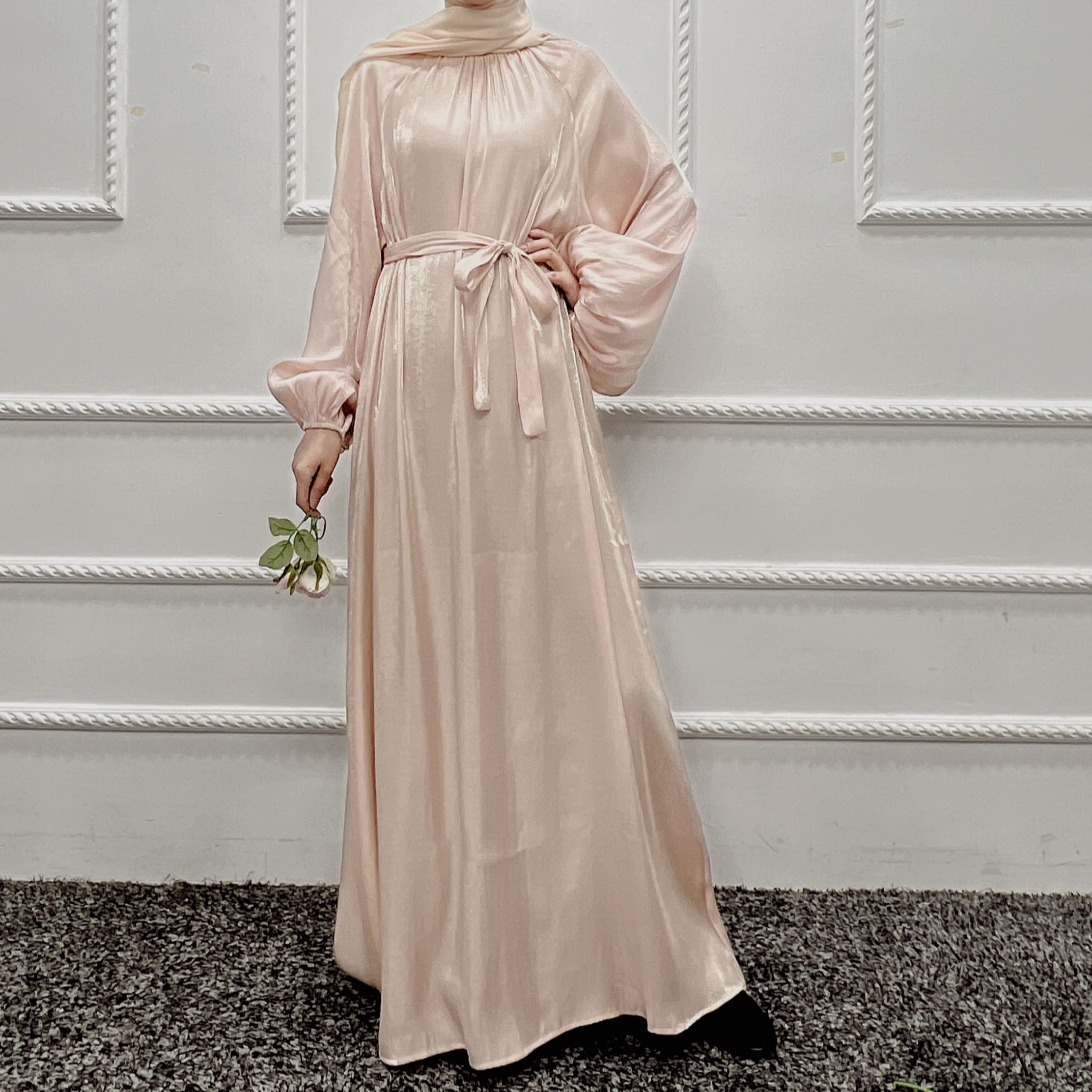 CLMJHG Abaya Dubai Muslim Party Kleid Laterne Ärmel Türkei Abayas Frauen Islamische Elegante Ramadan Kleidung mit Gürtel ohne Hijab