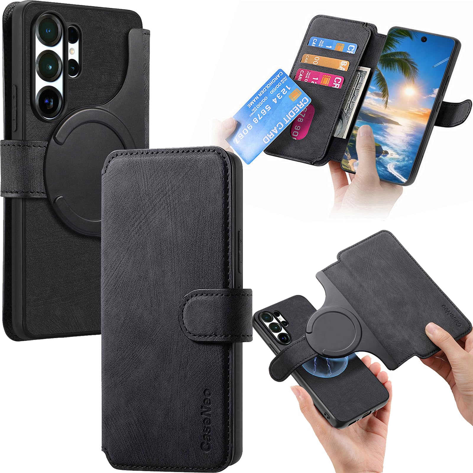 Detachable Wallet Case for Samsung Galaxy S26 Ultra with 4 Card Slots, Compatible with Magsafe 2 in 1 Magnetic Retro PU Leather Flip Folio Shockproof Cover for Galaxy S26 Ultra CMG-Black