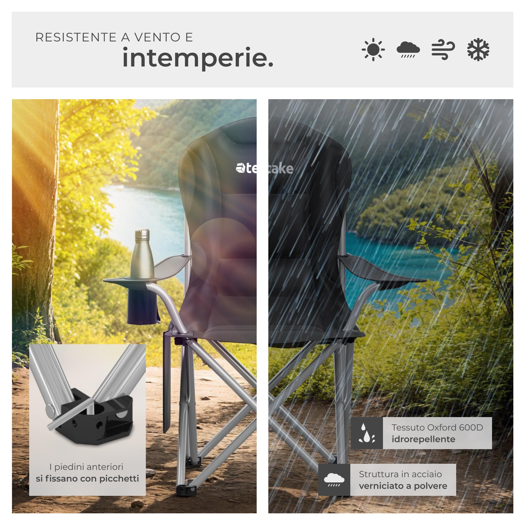 tectake® Sedia da Campeggio Imbottita, Pieghevole, Portabicchieri, Tessuto Oxford 600D Idrorepellente, Struttura in Acciaio, Piedini Antiscivolo e Antigraffio, Tasca Laterale, Borsa per il Trasporto