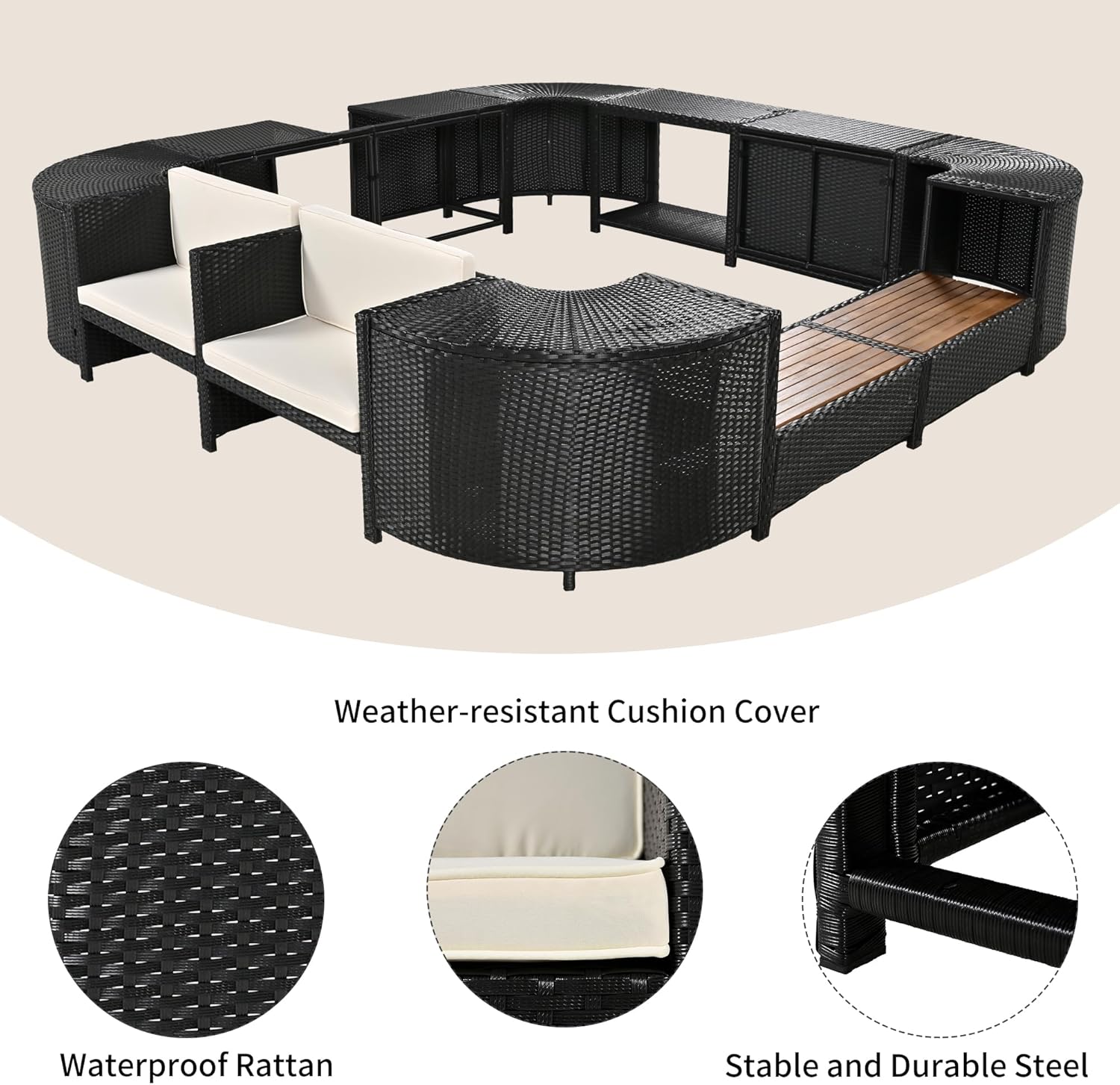 P PURLOVE Spa Surround, Quadrilateral Patio Rattan Sofa Set with Storage Spaces, Mini Sofa, Wooden Seats and Comfortable Cushions for Patio, Backyard (Beige)