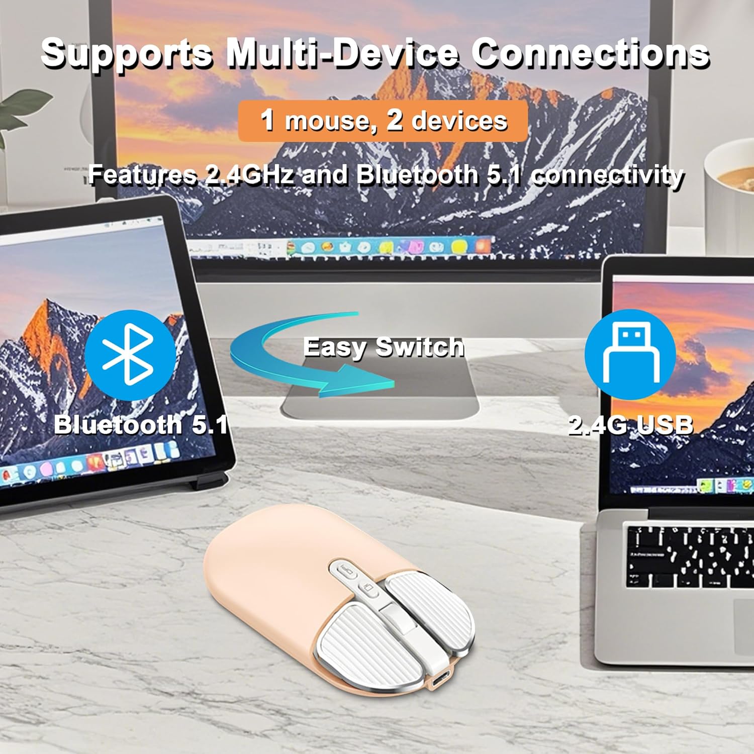 Wireless Mouse Bluetooth Cute Ultra Slim Silent Computer Mice with USB Receiver Dual-Mode 2.4G & Bluetooth Rechargeable Portable USB Cordless Mouse for Laptop PC Tablet Kids Adults Gift, Milk Tea