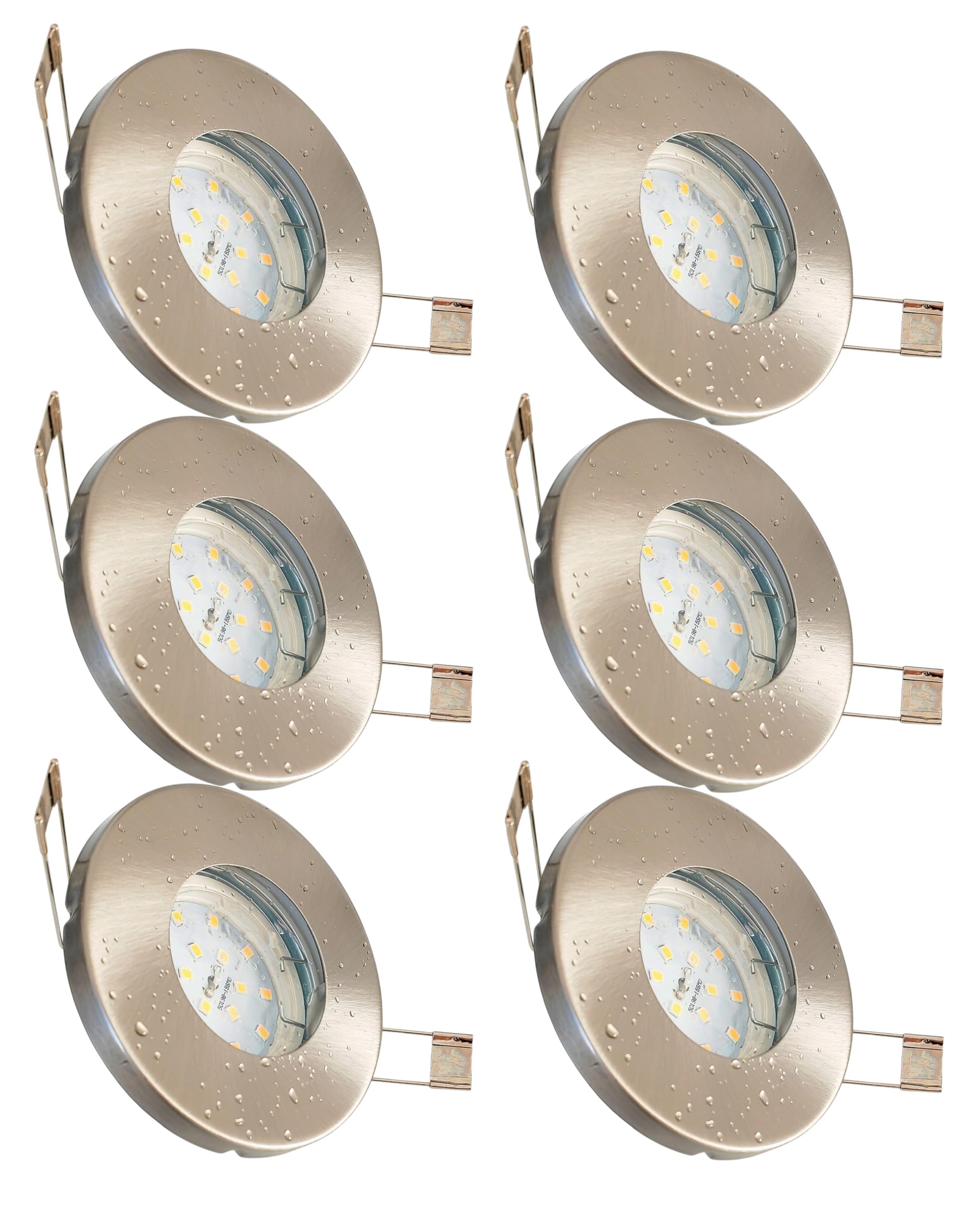 Trango 6er Set Einbaustrahler IP65 aus Edelstahl gebürstet 6729IP65-062MO inkl. 6x 5 Watt 3000K warmweiß Ultra Flach LED Modul für Bad, Dusche, Einbauspots, Deckenstrahler, Deckenlampe, Badleuchte
