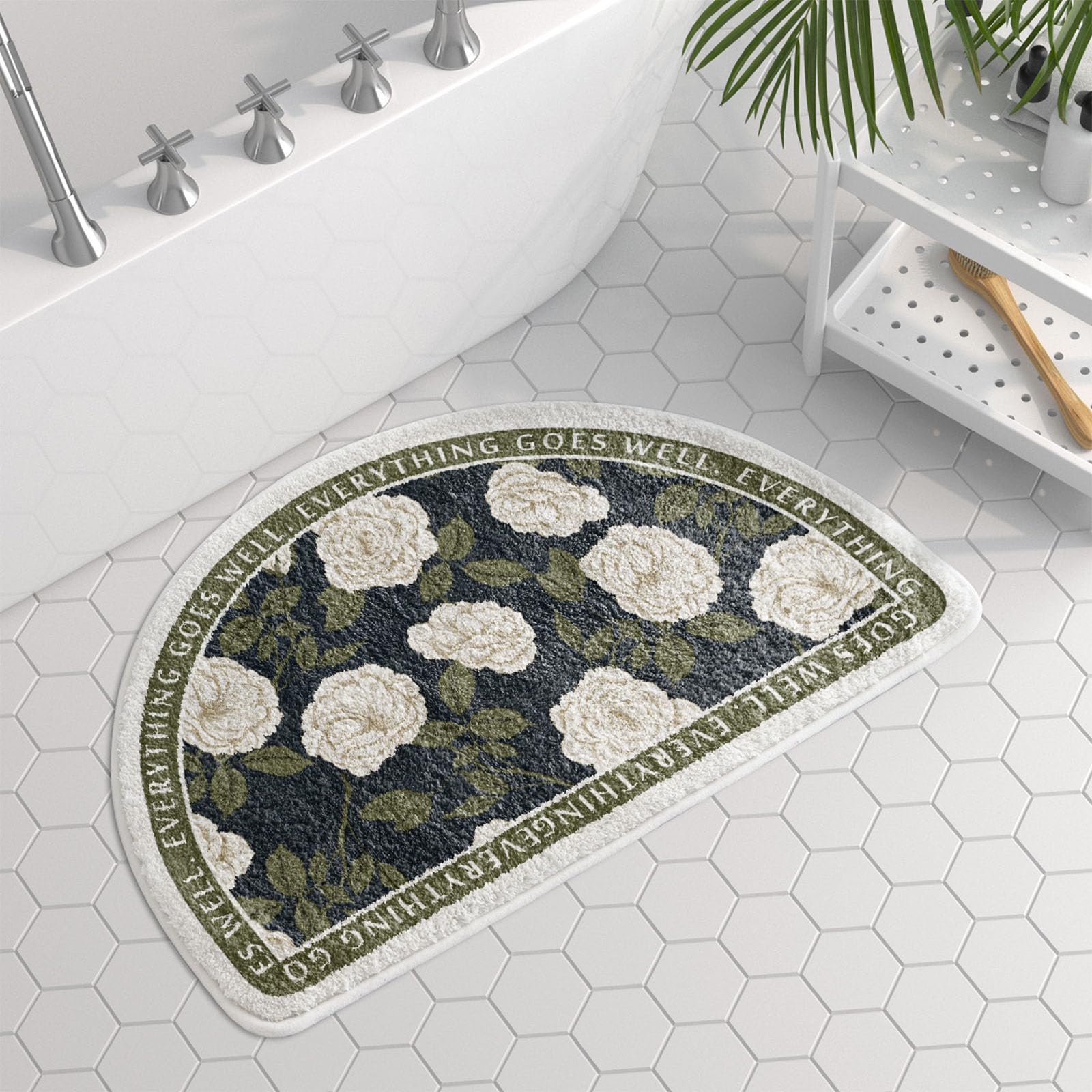 vctops Half Circle Bathroom Rugs Floral Print Soft Absorbent Microfiber Bath Rugs Non Slip Quick Dry Bath Mats for Bathroom Floor, Tub and Shower,