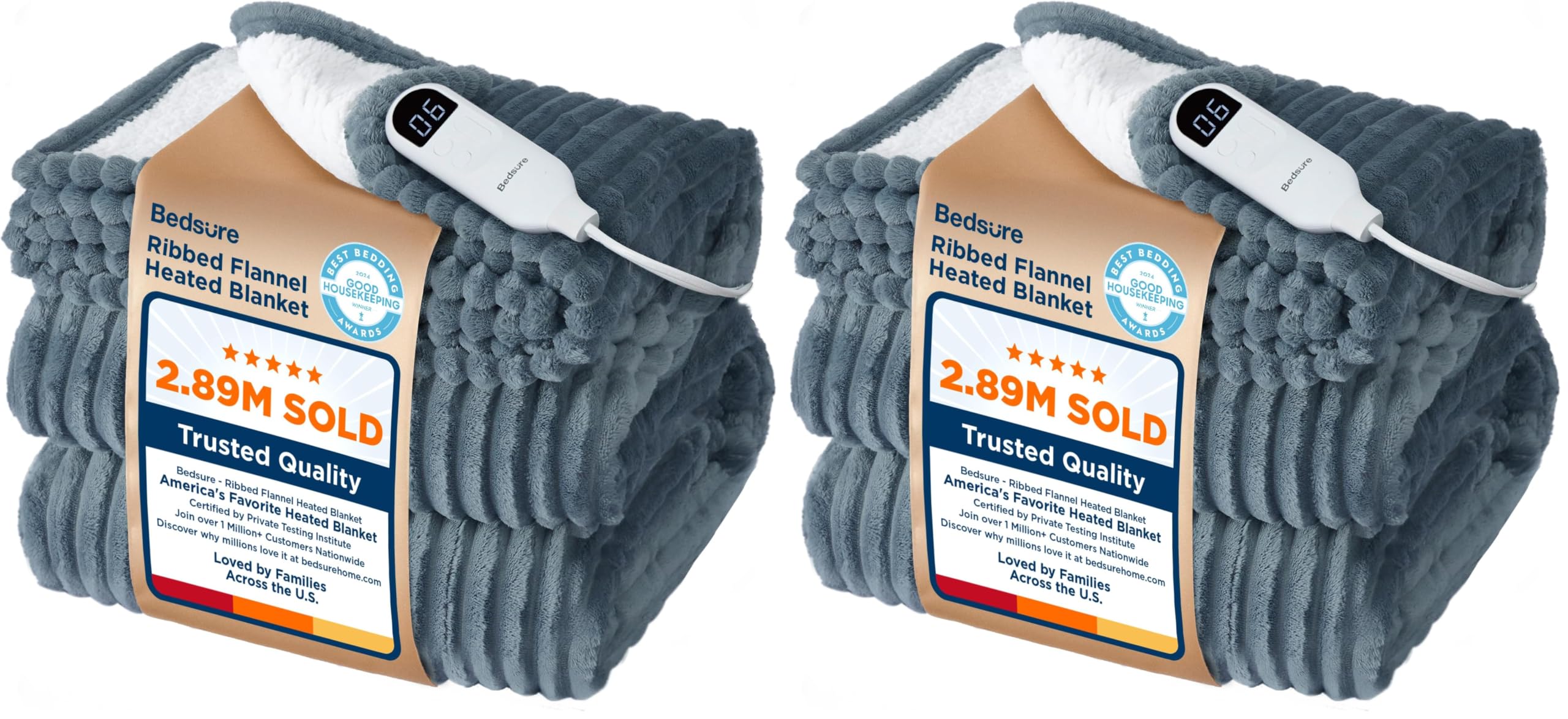 Bedsure GentleSoft Heated Blanket Throw - Soft Ribbed Flannel Electric Blanket, Gifts for Grandma (50x60 inches, Grey) (Pack of 2)