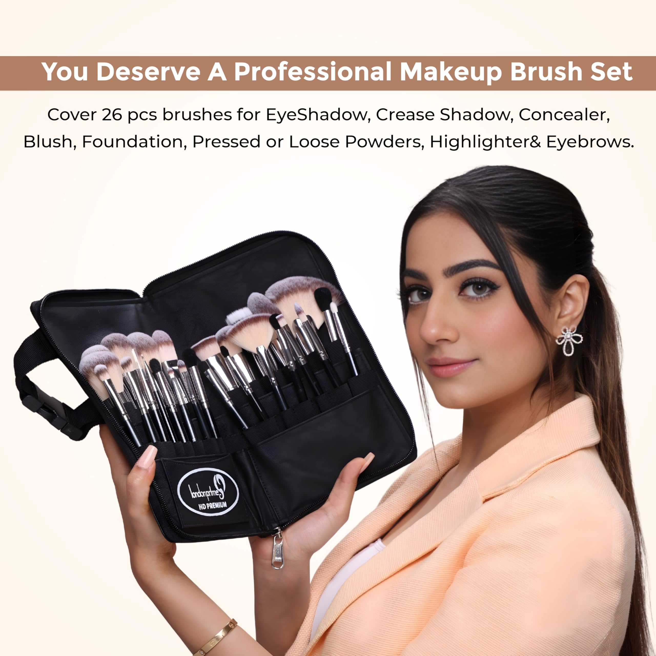 London Prime - Set di 26 pennelli professionali da trucco con cintura, per viso, occhi, labbra e sfumature, con setole morbide, kit da viaggio per fondotinta, correttore, fard, ombretto