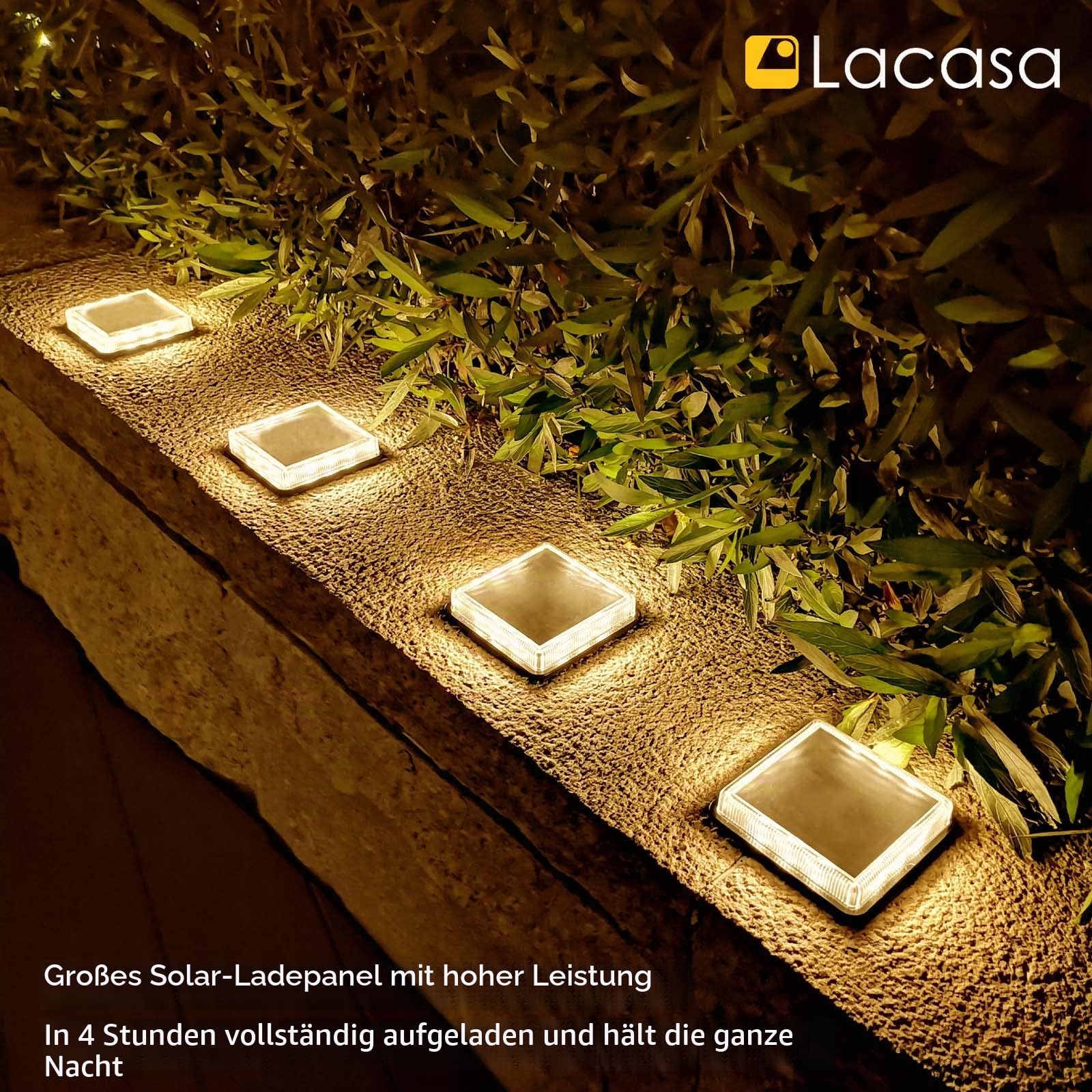 Lacasa Solar Bodenleuchten Aussen Solarleuchte Garten, 50LM LED Stufenleuchte 3000K Warmweiß Treppenlicht Außen Wasserdicht IP68 für Gehweg Weg Treppe, Eckig, 4 Stück