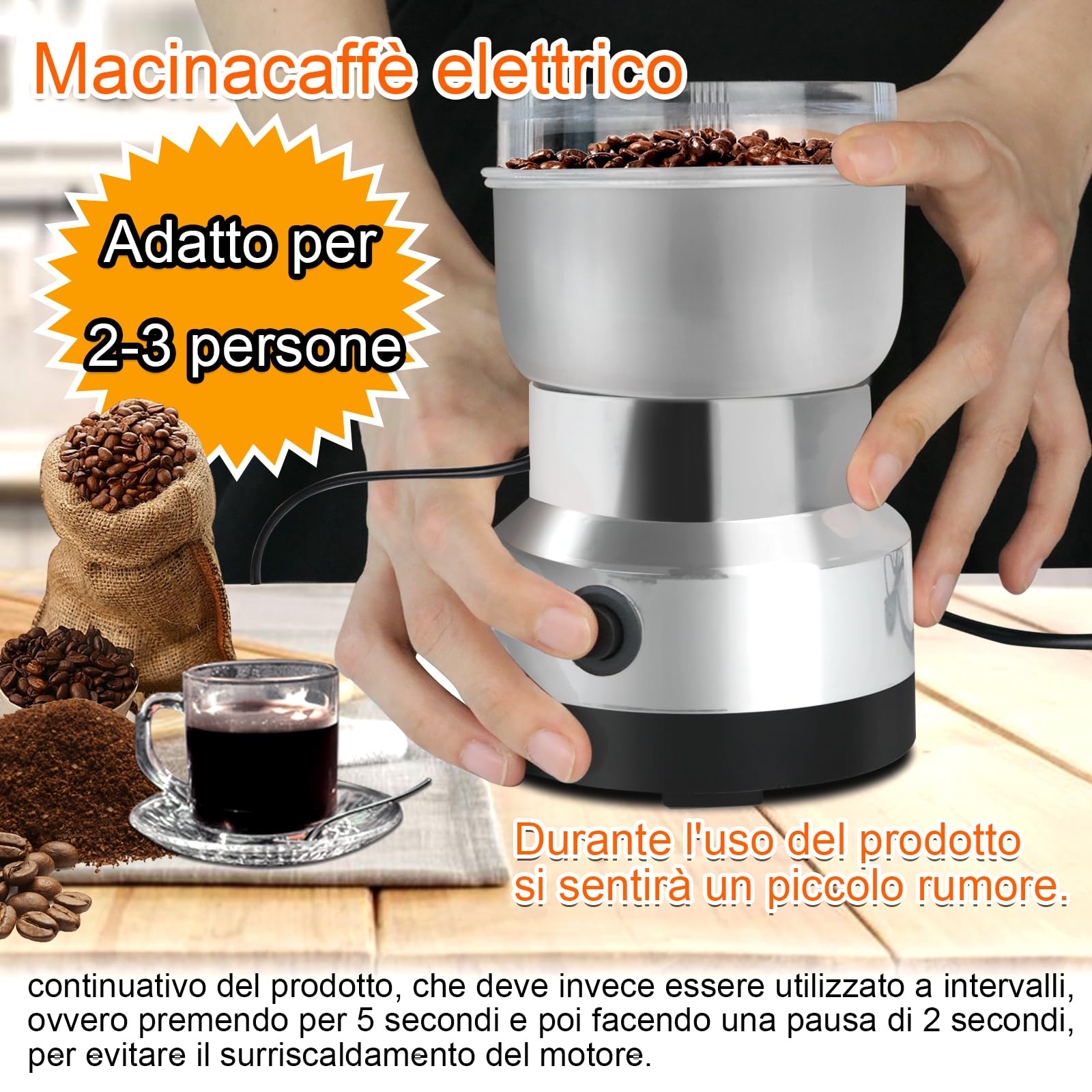Macinacaffè Elettrico,Coffee Grinder,Macina Chicchi di Caffè,Macinacaffè Elettrico di Potenza 200w,Macina Spezie per Macinare Wspezie,Erbe,Noci,Peperoni e Semi,Capacità di 300ml,Macinazione Rapida