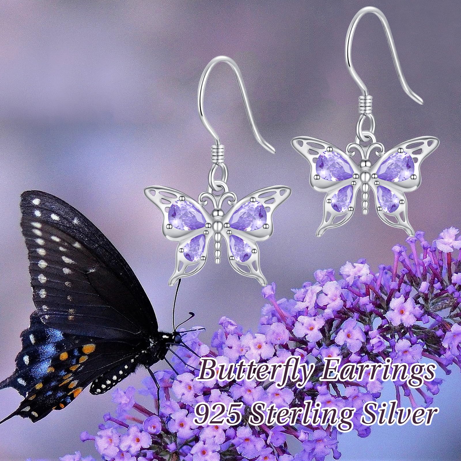 KINGWHYTE Pendientes de mariposa para mujer, plata de ley 925, cristal morado, joyería de mariposa, regalo de cumpleaños para mujeres, niñas, mamá e hija, Plata de ley Plata, Crystal