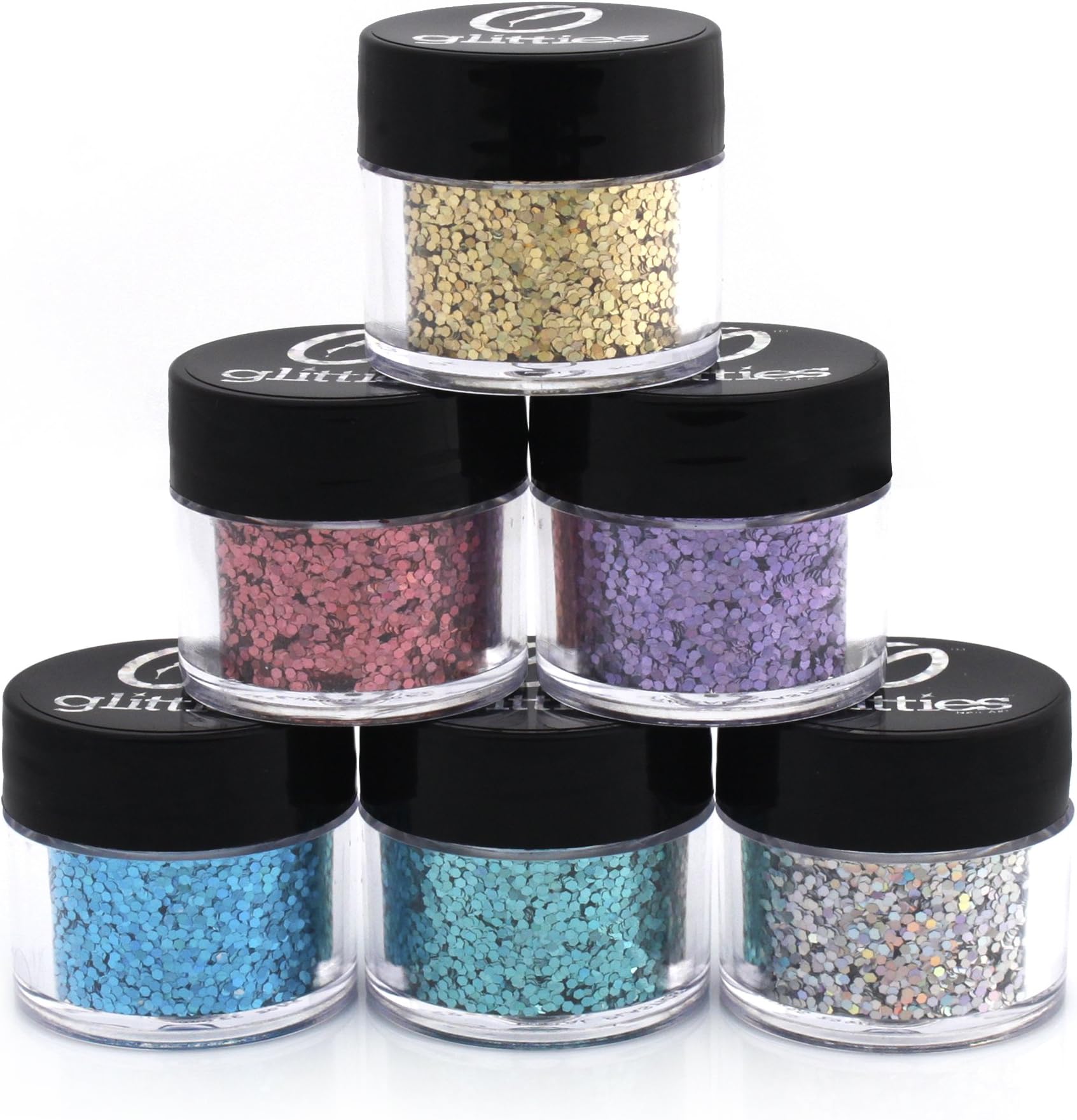 Glitties6 PK Loose Glitter Kit - (.040") - Solvent Resistant Hexagon Glitter - Great for Nail Art Polish, Gels, Art and Crafts, Acrylics Supplies - Made in The USA! - (60 Grams)