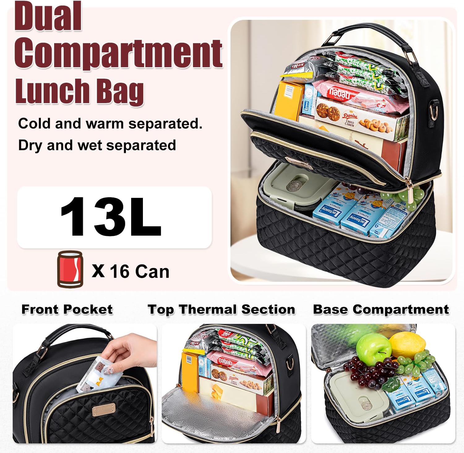 Lunch Bag for Women,Double Decker Lunch Box for Womens, Insulated Lunchbag Leakproof Lunch Tote Lunch Cooler Bag for Women Men,Lunchbox with Adjustable Strap for Work Picnic Beach - Image 2