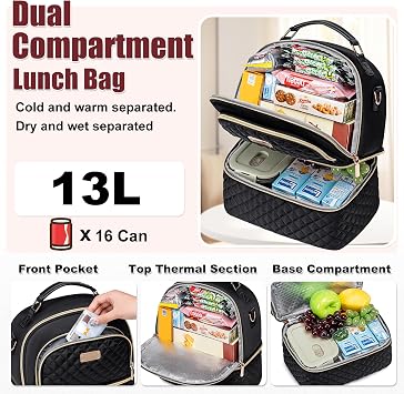 Lunch Bag for Women,Double Decker Lunch Box for Womens, Insulated Lunchbag Leakproof Lunch Tote Lunch Cooler Bag for Women Men,Lunchbox with Adjustable Strap for Work Picnic Beach