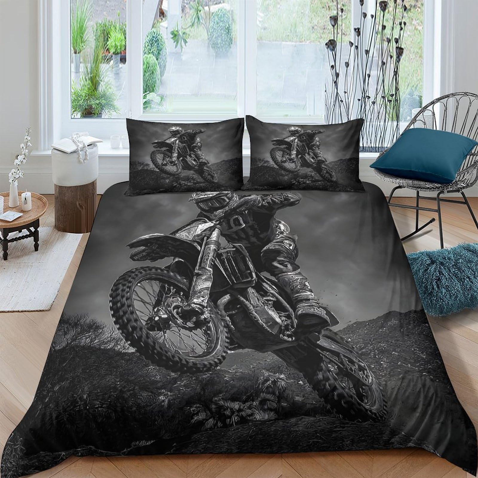 GPLZQXKJNH 3D Printed Motocross Motorcycle Duvet Cover Microfiber Soft Breathable Extreme Rider Bedding Set with 2 Pillowcases for Bedroom Decor Single（135x200cm）