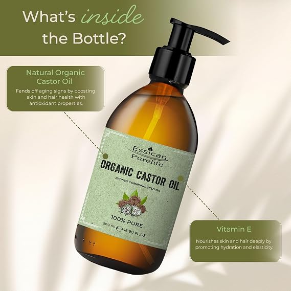 Essican Purelife Pure Organic Castor Oil Cold Pressed 500ml Glass Bottle