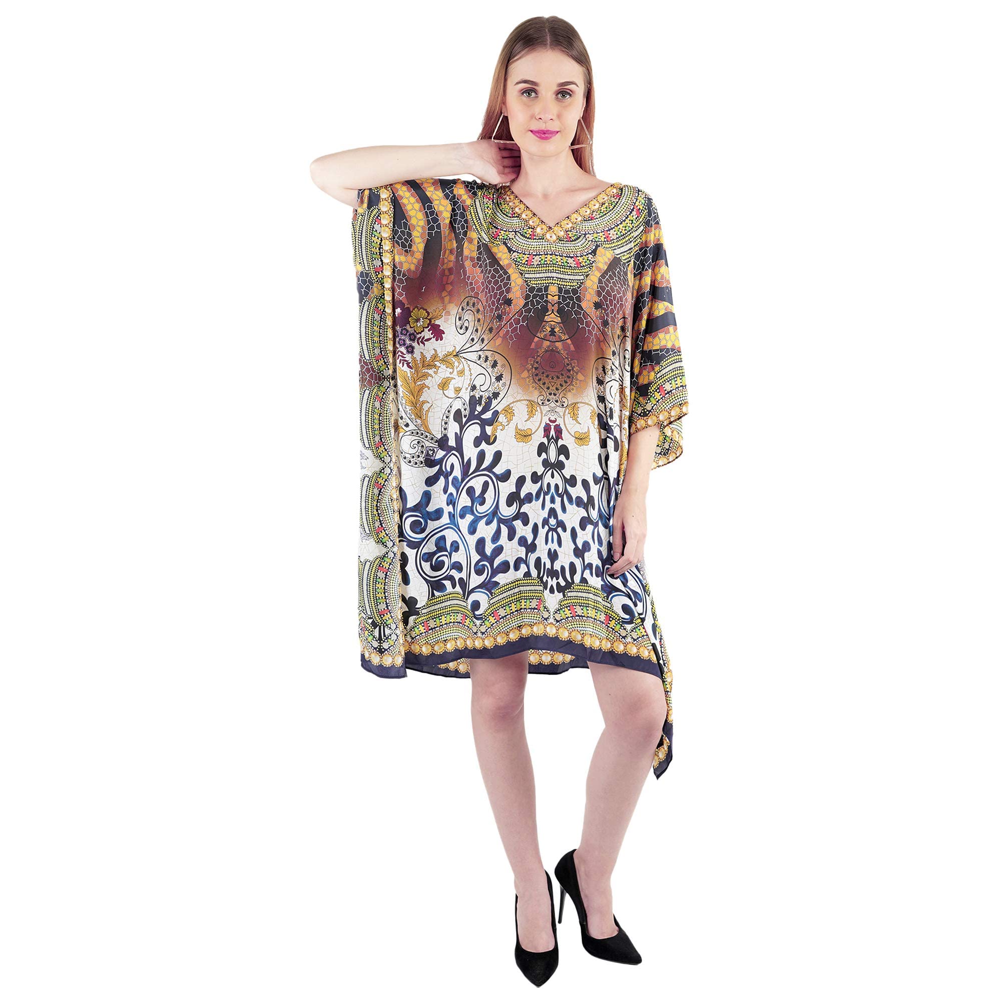 Craft TradeKaftan Dresses for Women Cotton Short Stylish Kneelength Floral Printed Multicolor Kaftan Nighty Beach Swimsuit Cover Up Maxi Dress for Women - 36 Inches Long