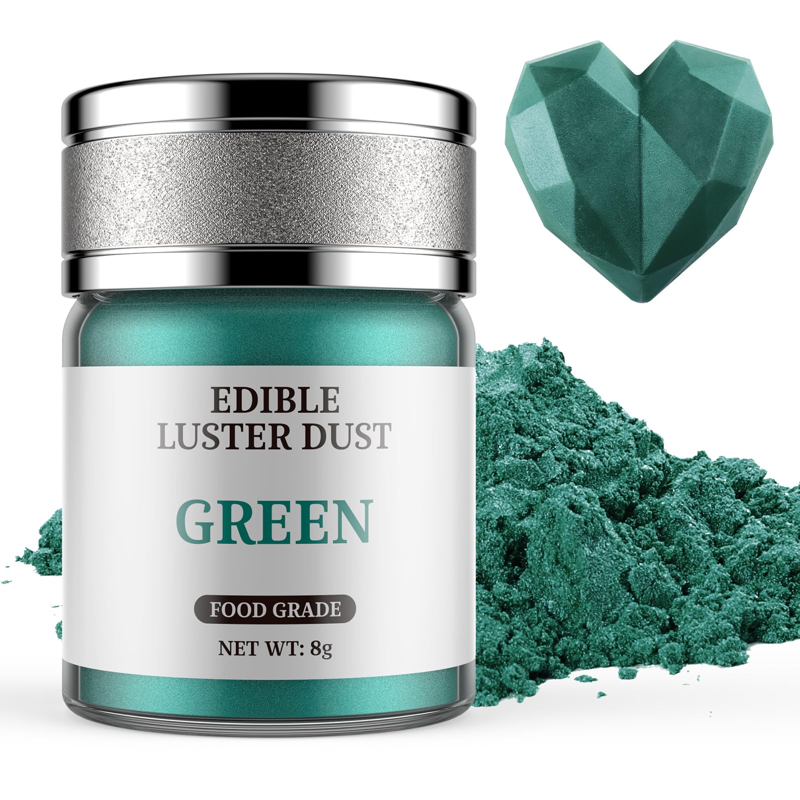 Edible Glitter Green 8g - VIVILOR Food Colouring Powder Green Lustre Dust Edible – No Gluten Edible Glitter for Drinks, Cakes, Valentine's Day Chocolate, Strawberries, Cupcakes, Fondant, Cocktails