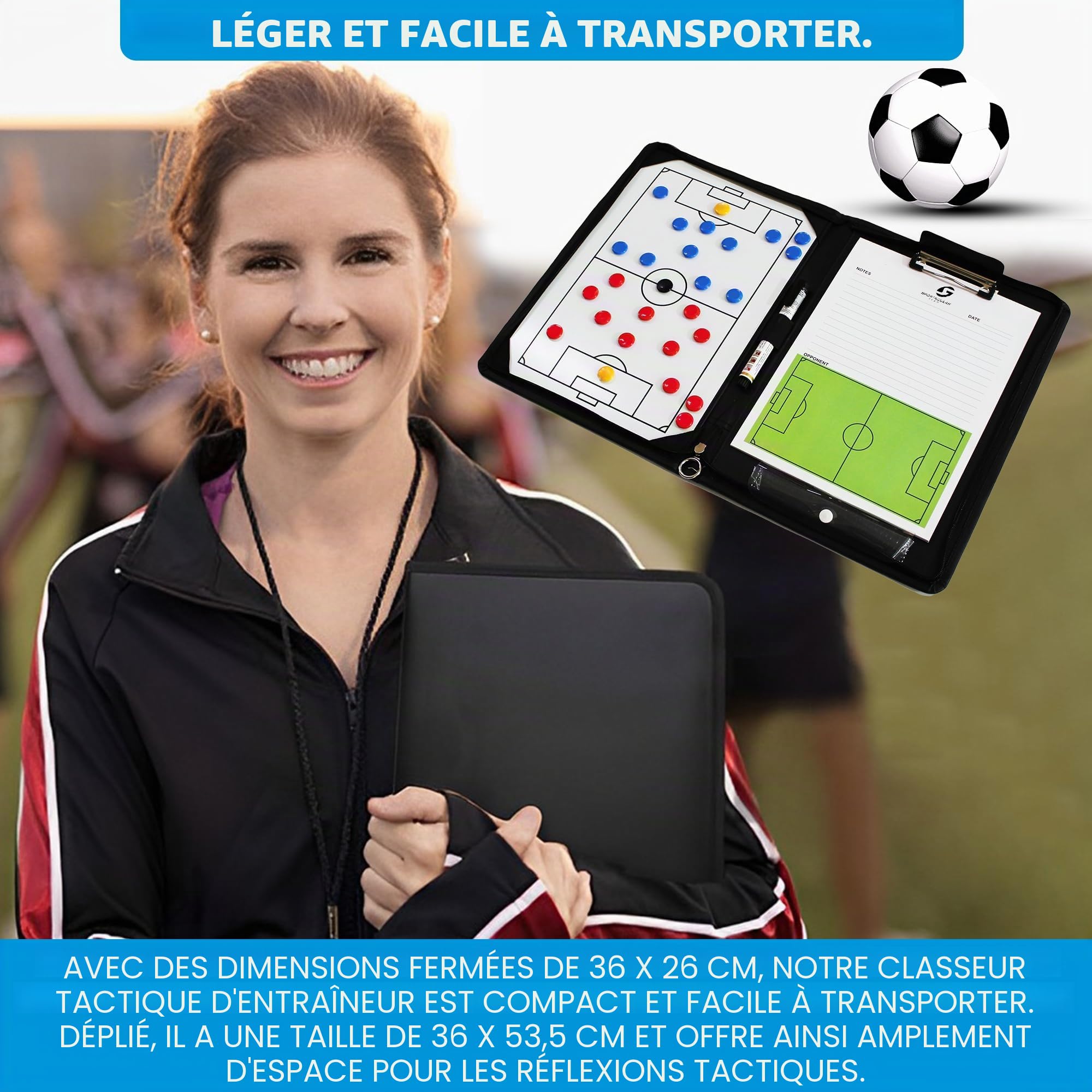 dossier de l'entraîneur de football avec tableau tactique et accessoires | Pochette d'entraînement | Classeur tactique pour entraîneur de football |