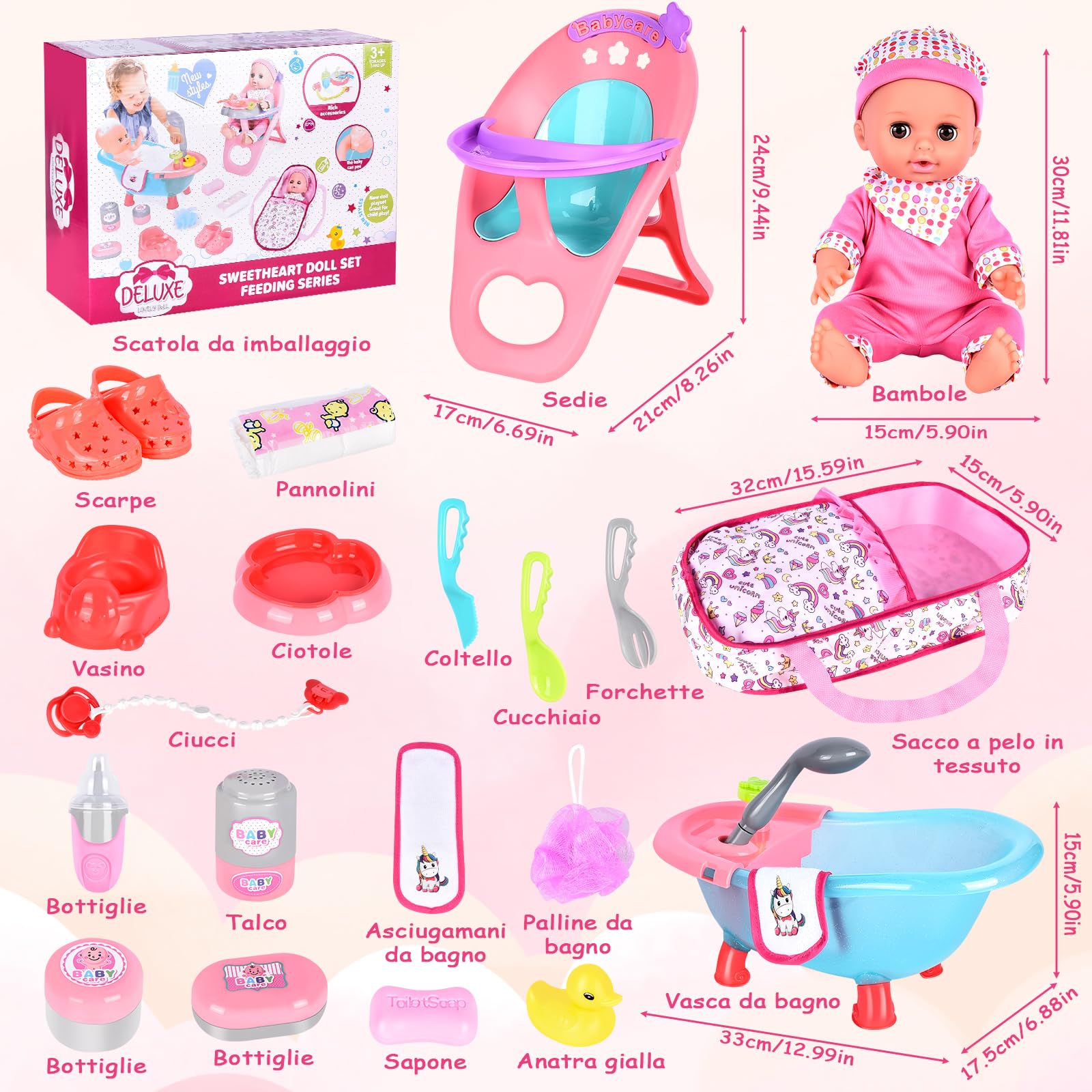 Aragallant Bambolotti e Accessori - 25 Pezzi Set con Bambola Bebé, Seggiolone, Biberon, Ciuccio, Pannolini - Regalo per Bambini