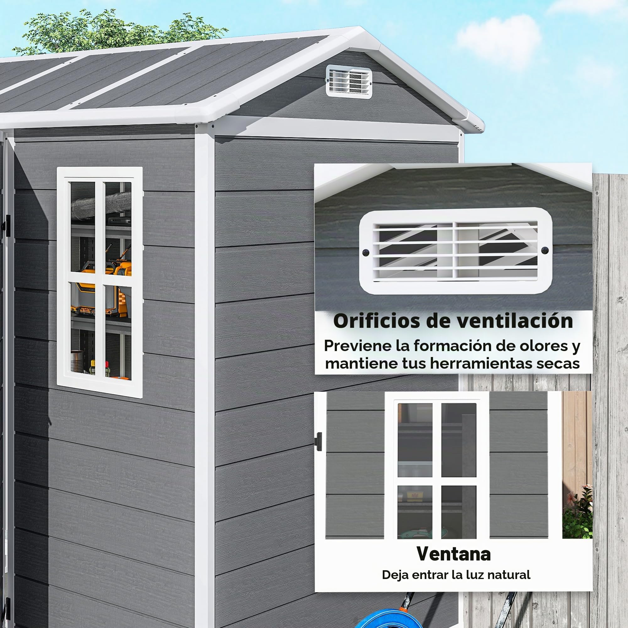 Outsunny caseta de jardín de plástico 2.1m² 186 x 130 x 199cm caseta de Herramientas con tejado a Dos Aguas Suelo Ventana Puerta con Cerradura caseta de jardín Resistente a la Intemperie caseta de
