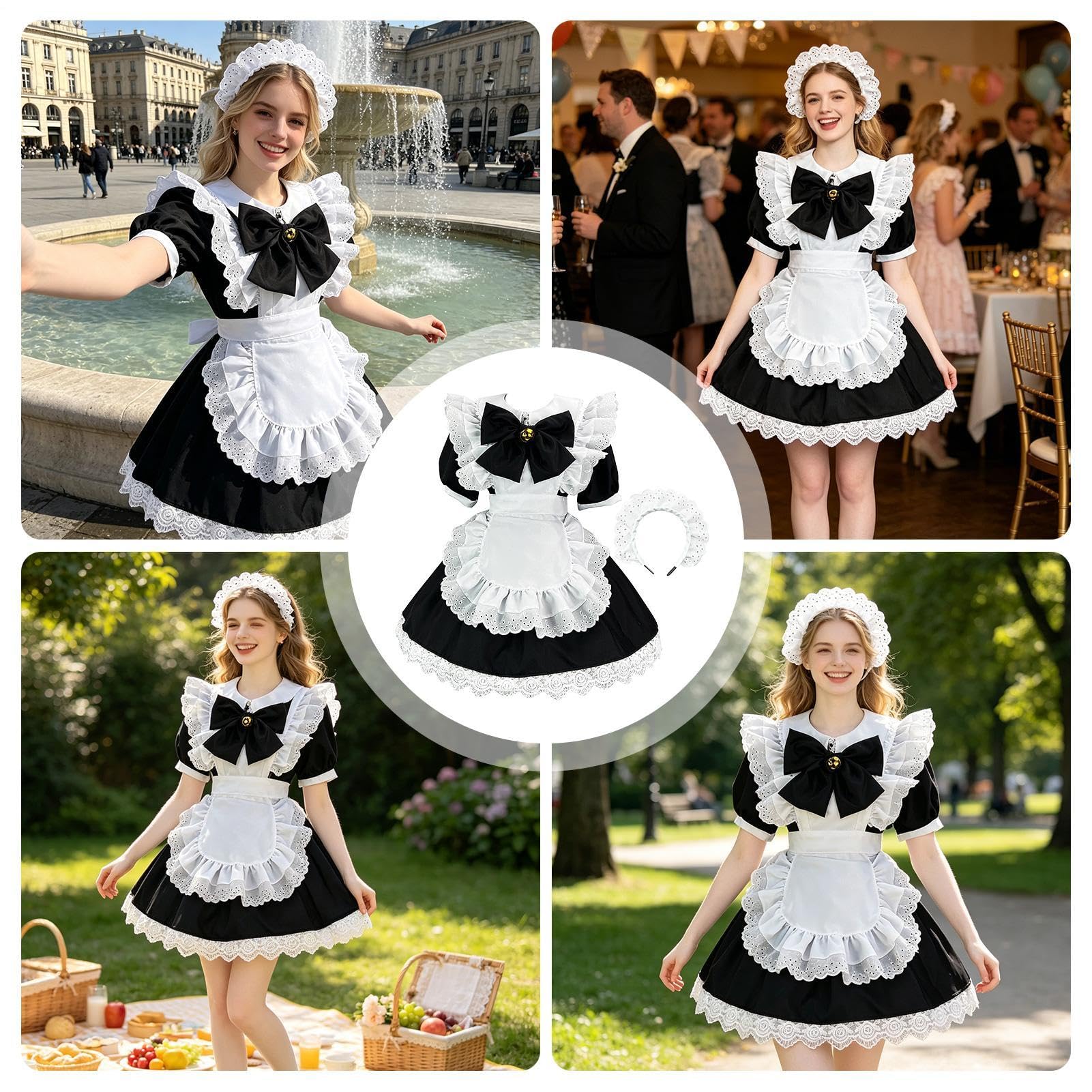 Kostium pokojówki dla kobiet, urocze fantazyjne ubrania damskie z koronką, fartuch pokojówki, strój cosplay, na Halloween, imprezę, festiwale, do wewnątrz, na zewnątrz, do szkoły, domu, podwórka