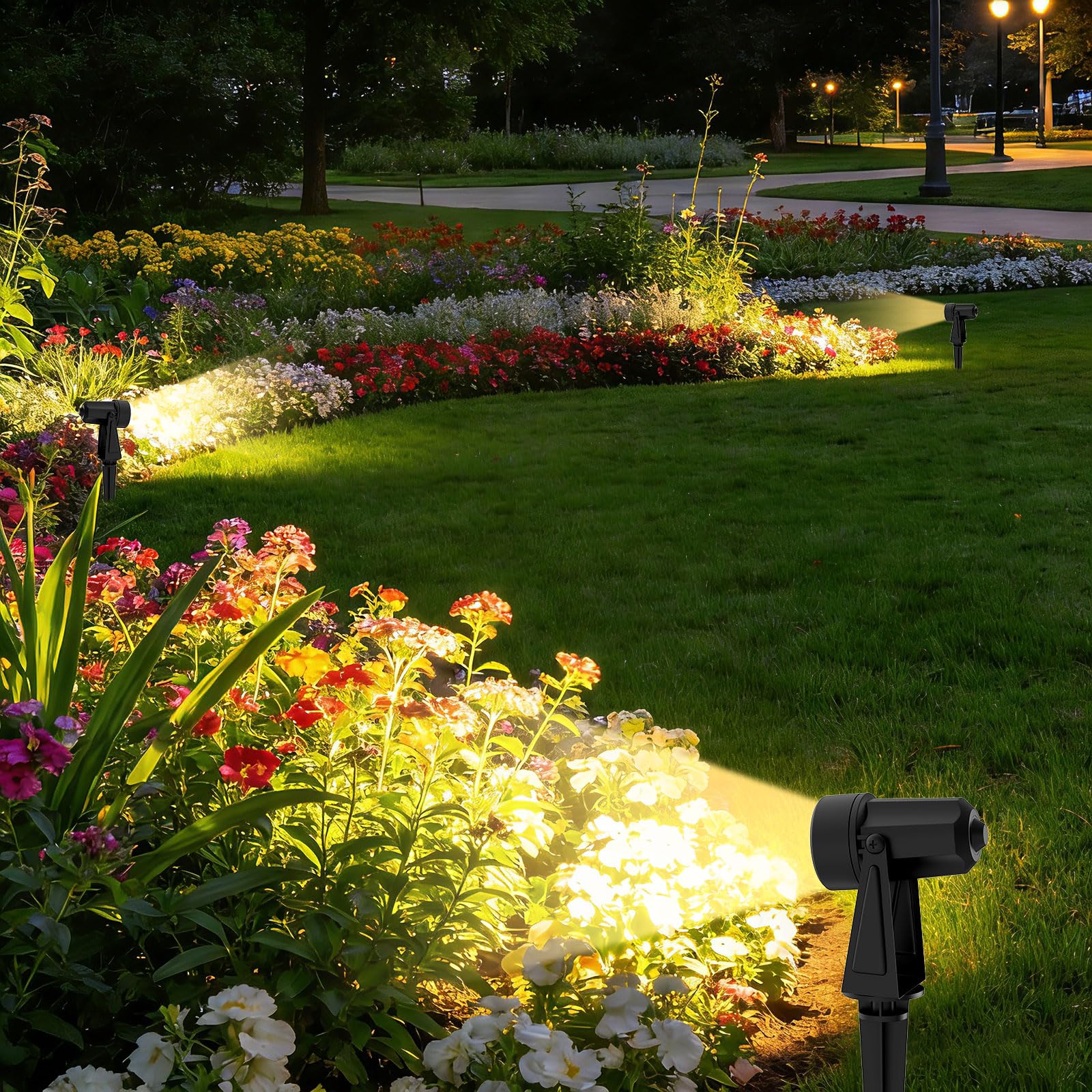 Gartenbeleuchtung LED, 35m 27V Dimmbarer LED-Strahler mit Fernbedienung/Timer/4 Lichtstufen, IP65 Wasserdichter Gartenstrahler, 3000K Gartenleuchten , Gartenlampen für Außen, Garten, Hof (10 in 1)
