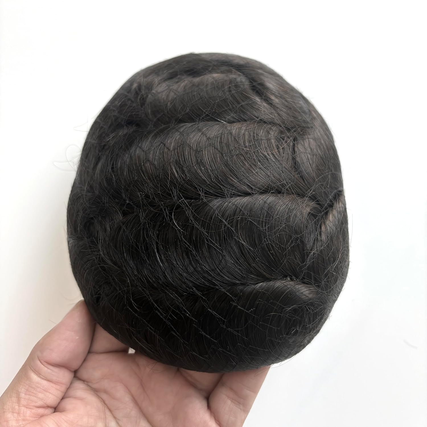 Hywel Toupee for Men with 100% Real Human Hair, Mono Top with Poly Coating Around Cap Mens Wig, Wave Hair Pieces Replacement for Men System Off Black #1B (5 * 7 Inches)