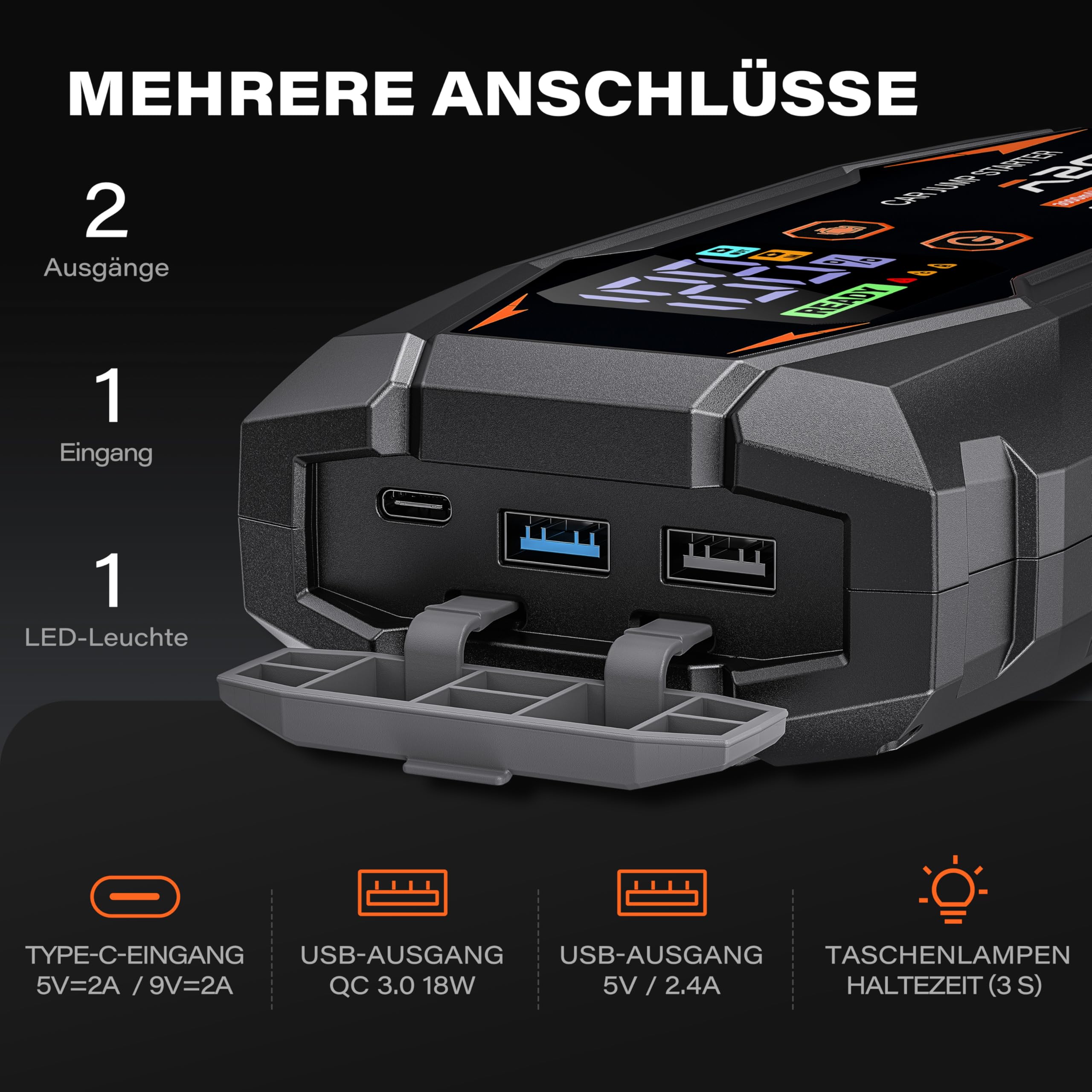 A2C Starthilfe Powerbank, 12V starthilfe powerbank für pkw(bis zu 6L Benzin/3L Diesel), 16800mAh Power Bank(PD/QC 3.0) mit 3 USB, Auto starthilfe mit Starthilfekabel, Mit LED-Anzeige und Licht | 3 USB-C-Anschlüsse, Schnellladung PD/QC 3.0, LED-Display, in
