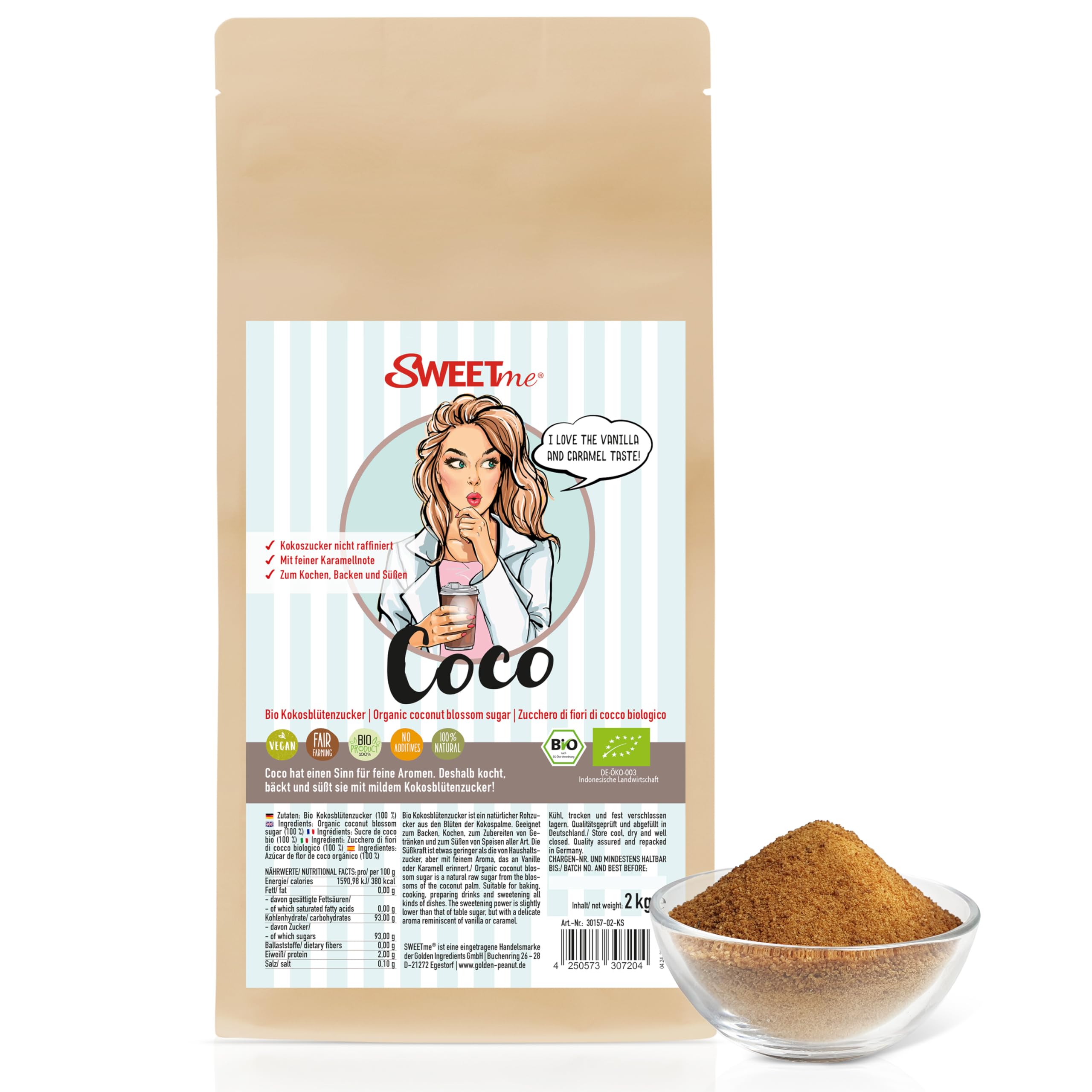 SWEETme® Bio Kokosblütenzucker 2 kg - Kokoszucker mit feiner Karamellnote, unraffiniert, 100% reiner Blütenzucker