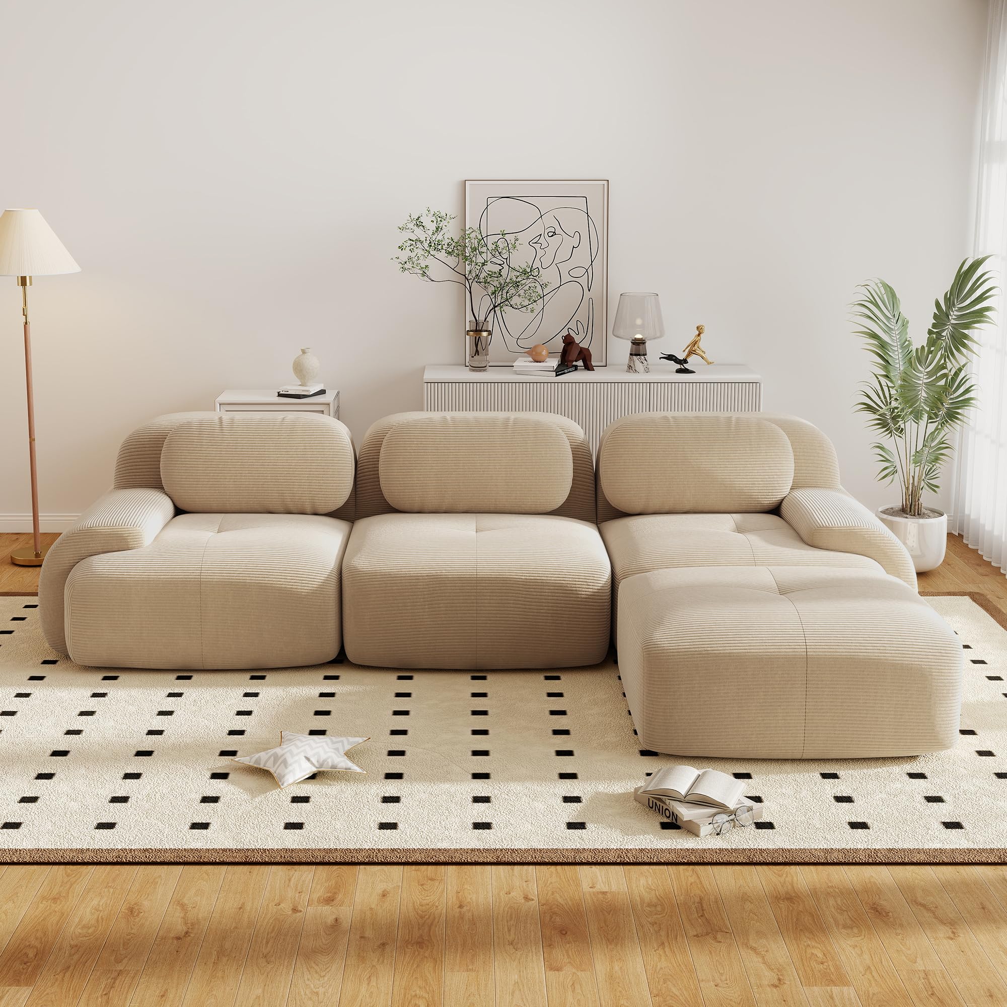Sofá esquinero moderno de 298 cm con taburete, sofá modular de pana en forma de L, sofá comprimido de 3 a 6 plazas para salón, asiento extraprofundo, no requiere montaje