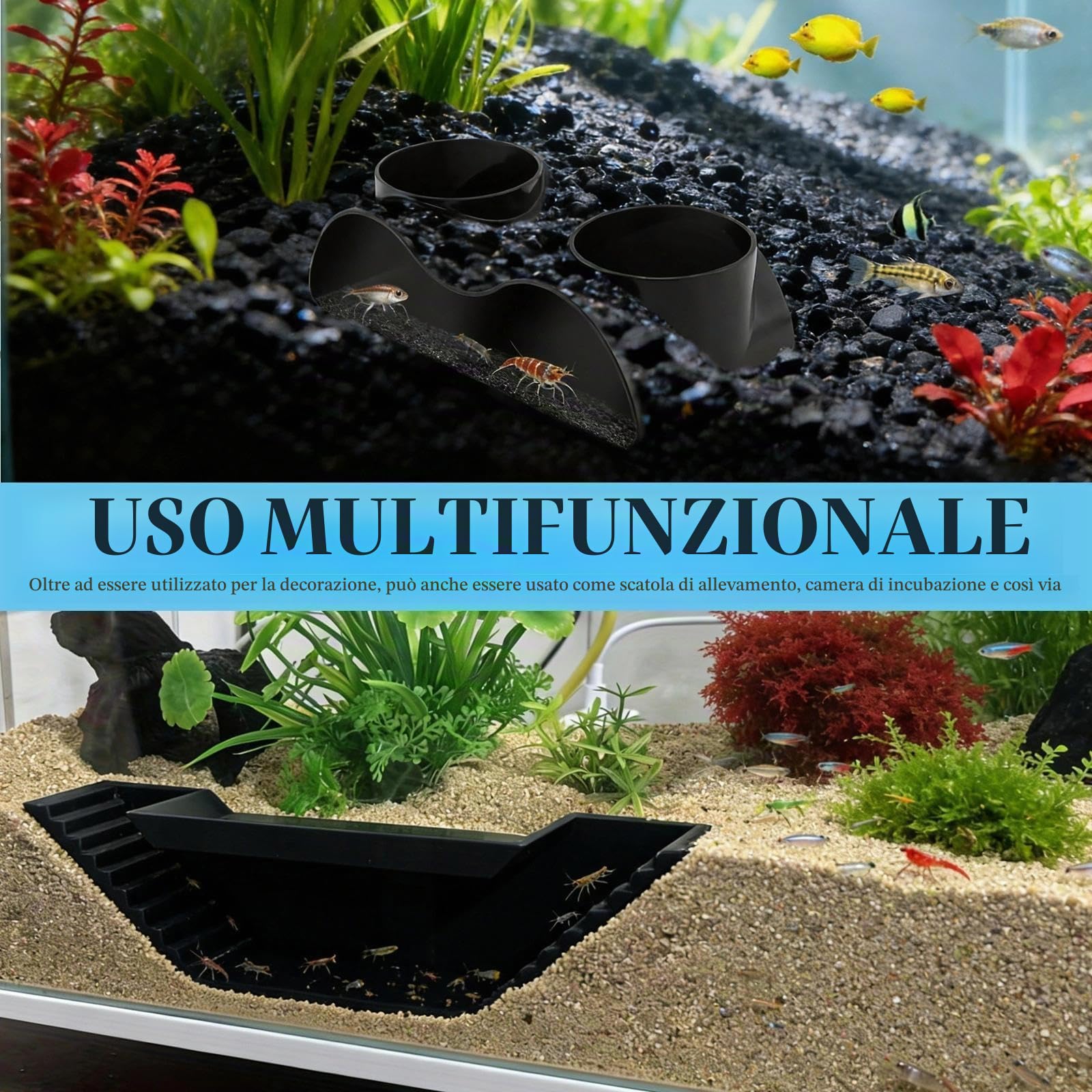 2 Pezzi Grotta Tunnel per Acquario Tunnel Pesci (21cm/12,8cm) Grotte Sotterranee Acquario Angolare Plastica con 2 Ingressi, Nascondiglio 360° per Gamberetti Pesci Granchi