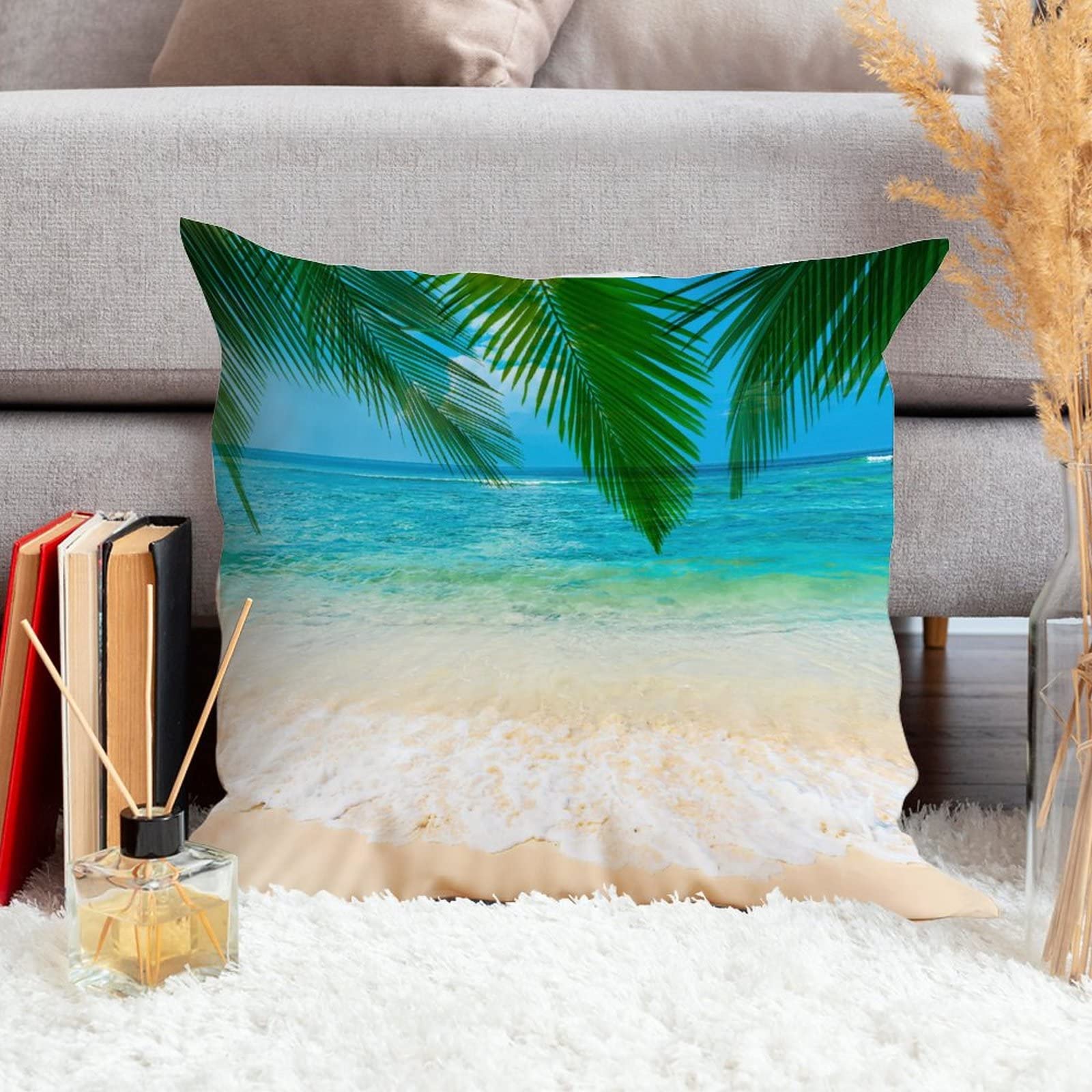 Housses De Coussin Lot De 2 - Motif Plage Tropicale Mer Bleue Palmiers, Taille 60x60 Cm, Polyester