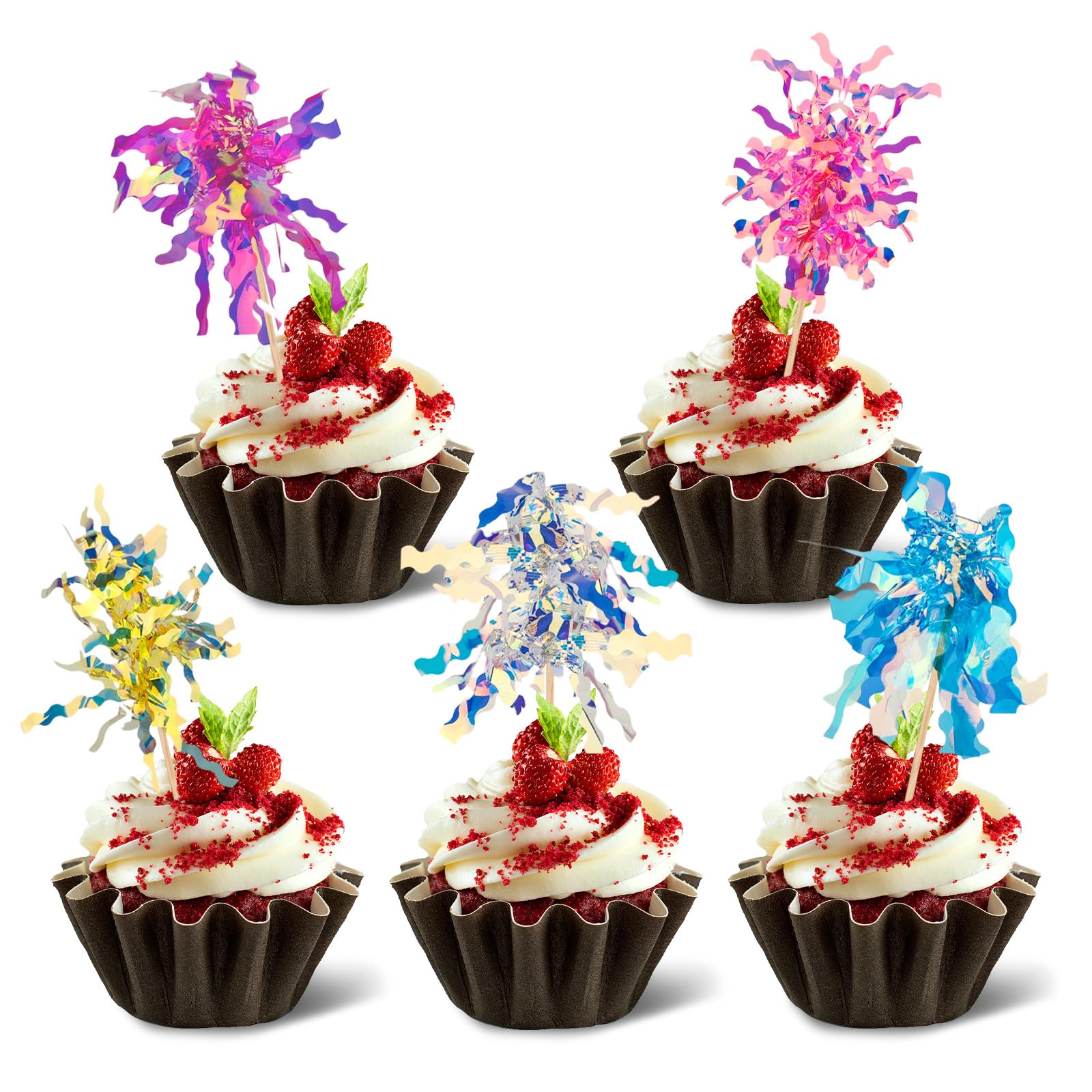 Huakaile 150 Pieces Multi-Color Firework Cake Topper Toothpick, Sparkle Foil Firework Cupcake Toppers Inserts, Tinsel Drink Stirrers Picks Decorations for Cocktail Fruit Birthday Party Wedding