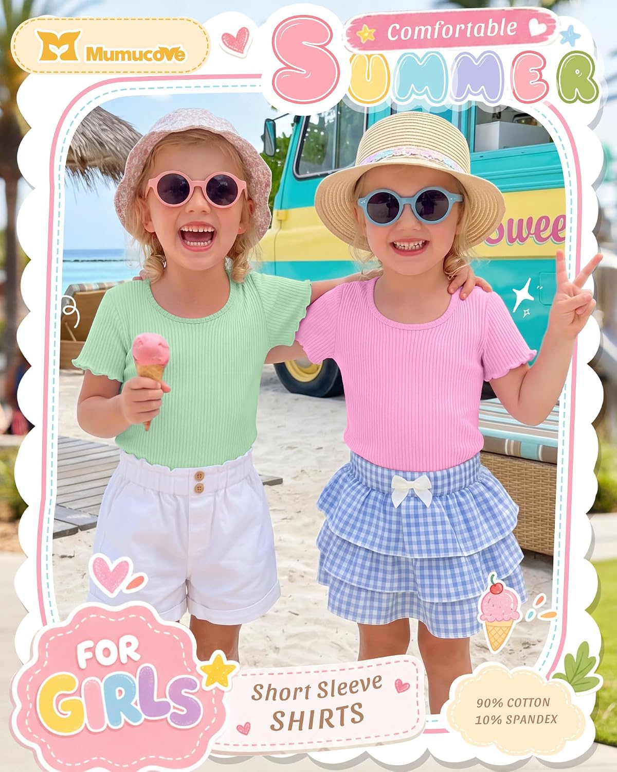 3 Pack Toddler Girls Short Sleeve Shirts Ribbed Knit Cotton Lettuce Trim U Neck Tops Casual Cute Summer Tees Blouses