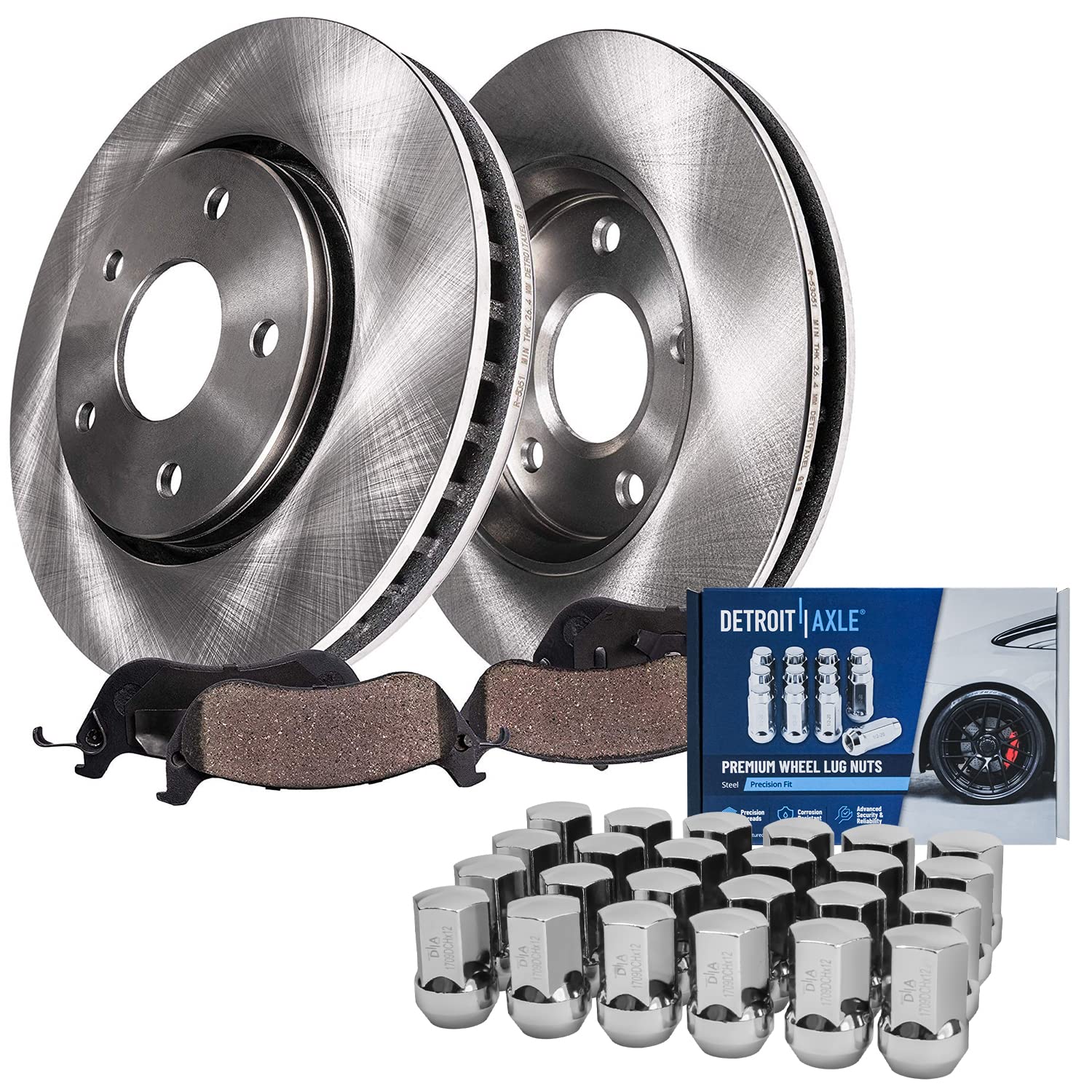 Detroit Axle - Front Disc Rotors Brake Pads w/ 24pc Wheel Lug Nuts