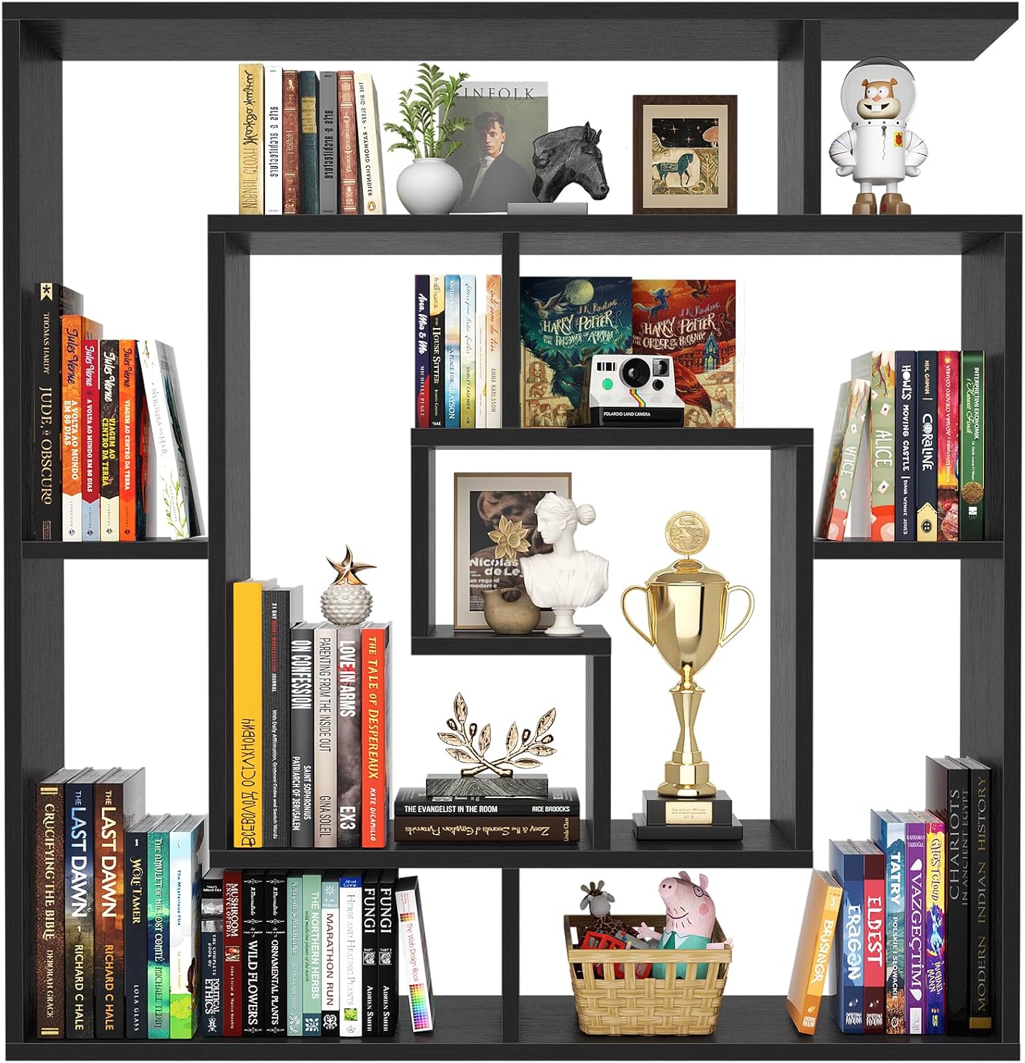 Armocity 5 Tier Display Book Shelf Wall Mounted Bookshelf Freestanding Geometric Bookcase Floating Book Shelves for Wall Bedroom Living Room Home Office, 45.5"(W) * 47"(H), Black Black 45.5"(W)