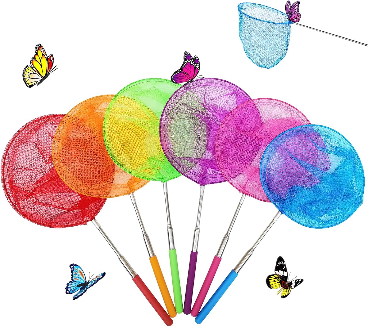 Paquete de 6 redes telescópicas para mariposas, redes para atrapar insectos, redes de pesca, juguetes de exploración de la naturaleza para niños jugando al aire libre