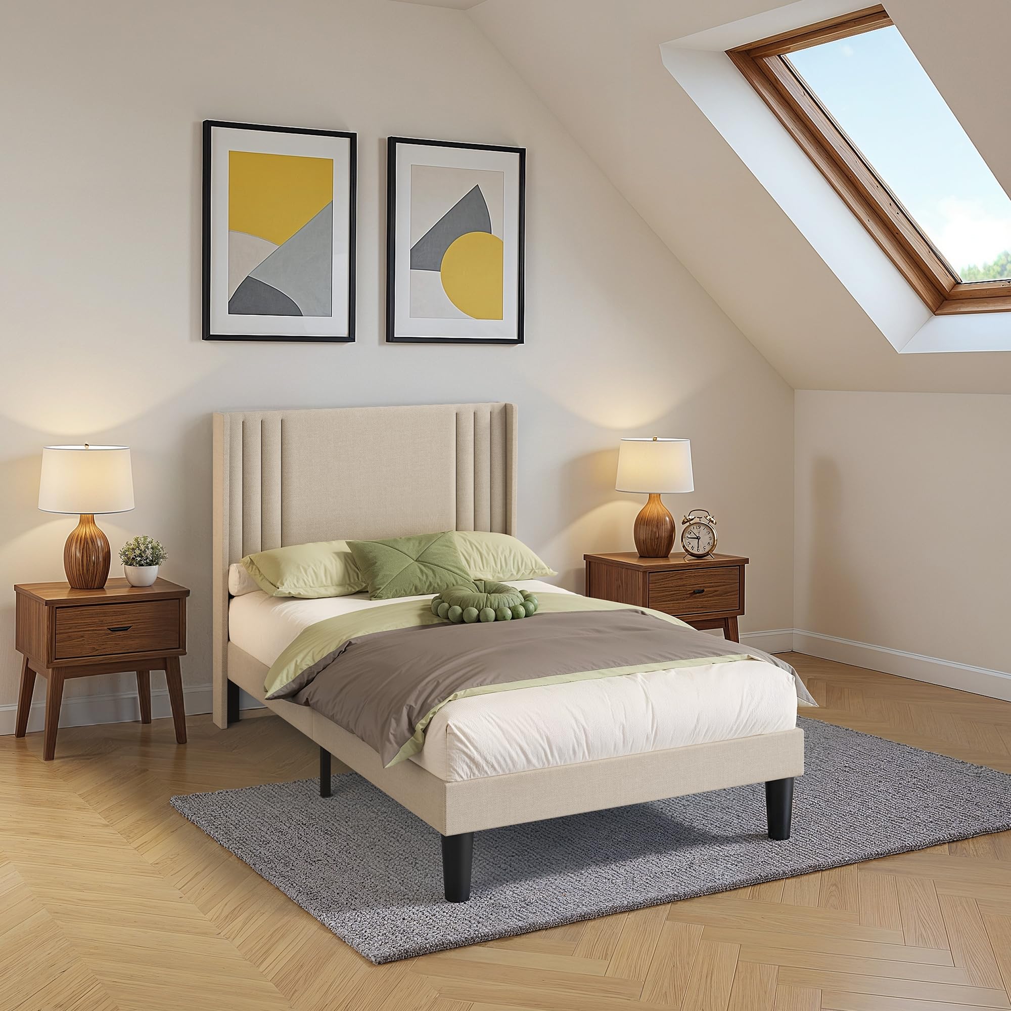 Letto imbottito 120 x 200 cm, con testiera e rete a doghe, robusto letto in tessuto per ragazzi e camere degli ospiti, struttura imbottita,Beige