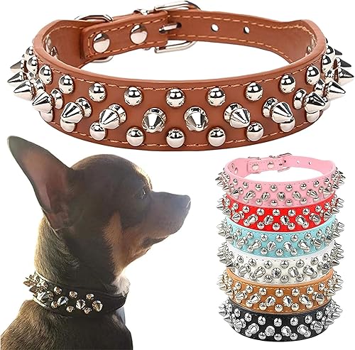 Collar de perro con pinchos, de piel sintética suave, color marrón, con diseño de hongos, remaches, tachuelas, collar ajustable para perros