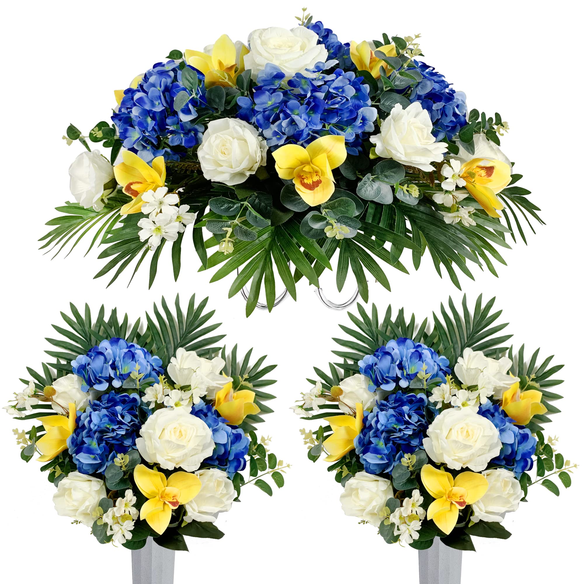 Cemetery Flower Saddles for Grave ，Graveside Decoration, Headstone Saddle Head Flower and Vase Bouquets-Blue and White Rose