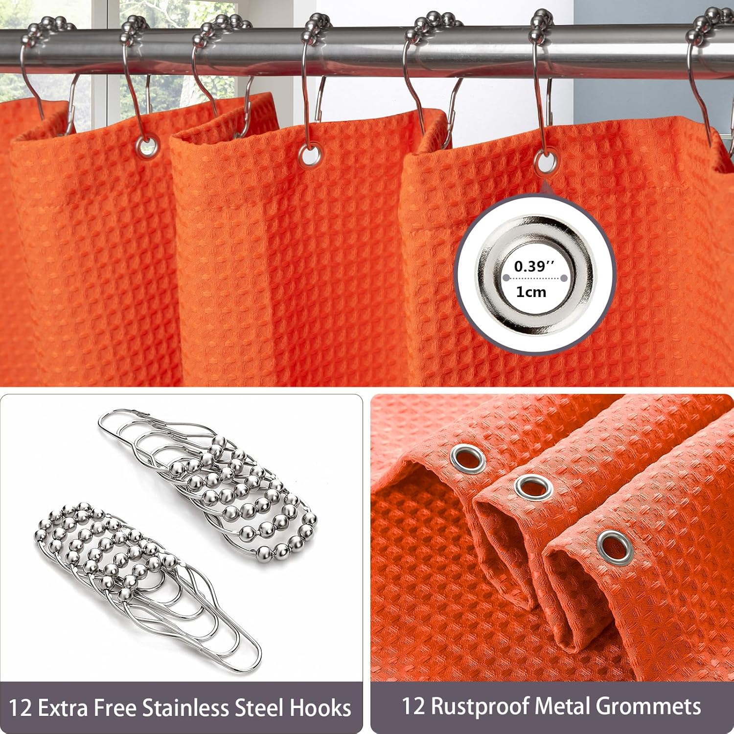 Waffle Weave Shower Curtain with Stainless Steel Hooks - 230 GSM Heavy Duty Fabric Bath Curtains, Hotel Luxury Quality, Water Resistant, Machine Washable, Weighted Hem, 72 x 72 Inches (Orange)